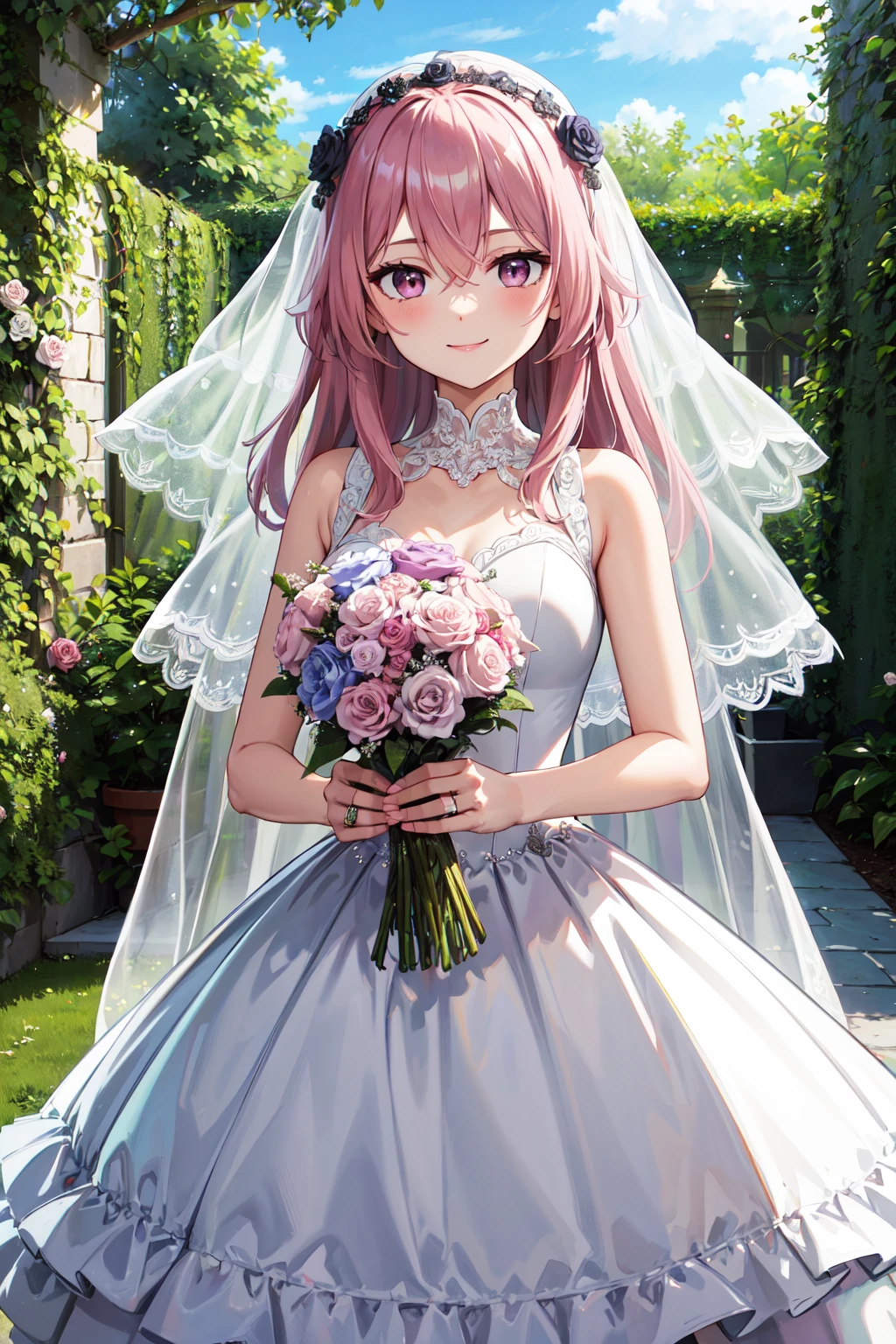 masterpiece,best quality,highres,ultra-detailed,aasajuna,pink eyes,purple eyes,pink hair,long hair,two side up,hair between eyes,bangs,hair flower,black rose,<lora:inui_sajuna:0.7>,(wedding dress:1.2),white dress,(veil:1.2),garden,smile,outdoors,standing,cowboy shot,holding bouquet,