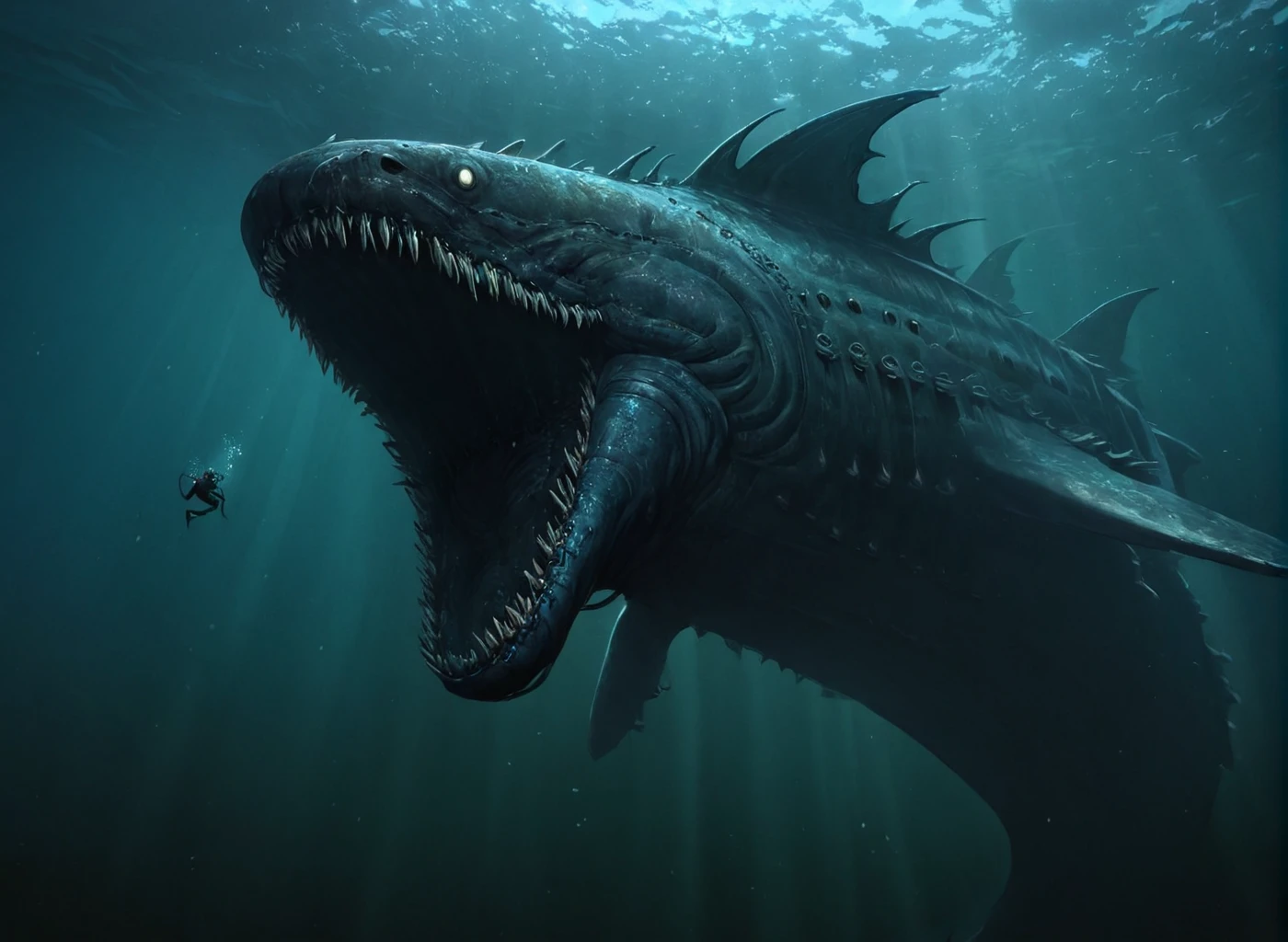<lora:Leviathan_XL:1> leviathan a sea monster, underwater, under the ocean, depths, (masterpiece), best quality, highres, 4k, 8k, intricate detail, cinematic lighting, amazing quality, amazing shading, soft lighting, gloomy colors, dark aura, horror