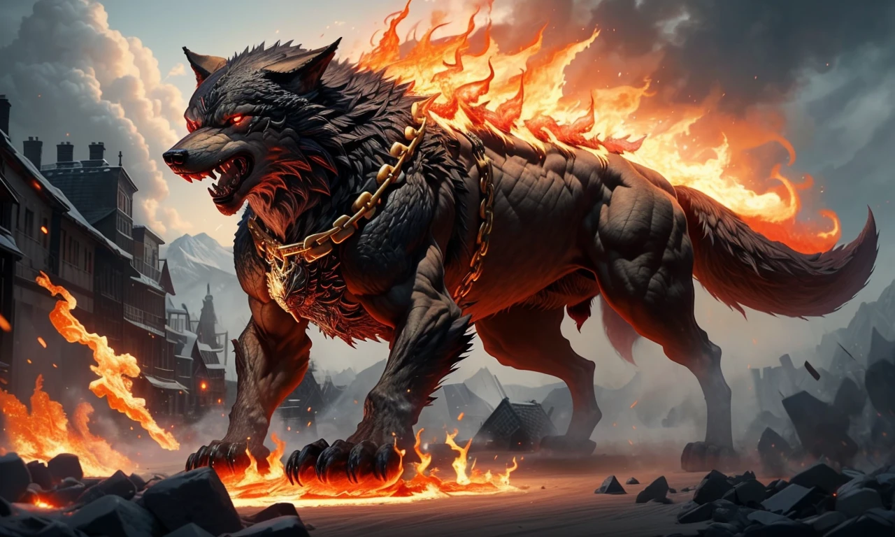 fenrir2023, flaming giant wolf over village, sword in snout, flames, Ragnarok, gold chains, glowing eyes, sharp teeth, fantasy setting, 8k, uhd, masterpiece, detailed, chained, trending on artstation, landscape, 4 legs,