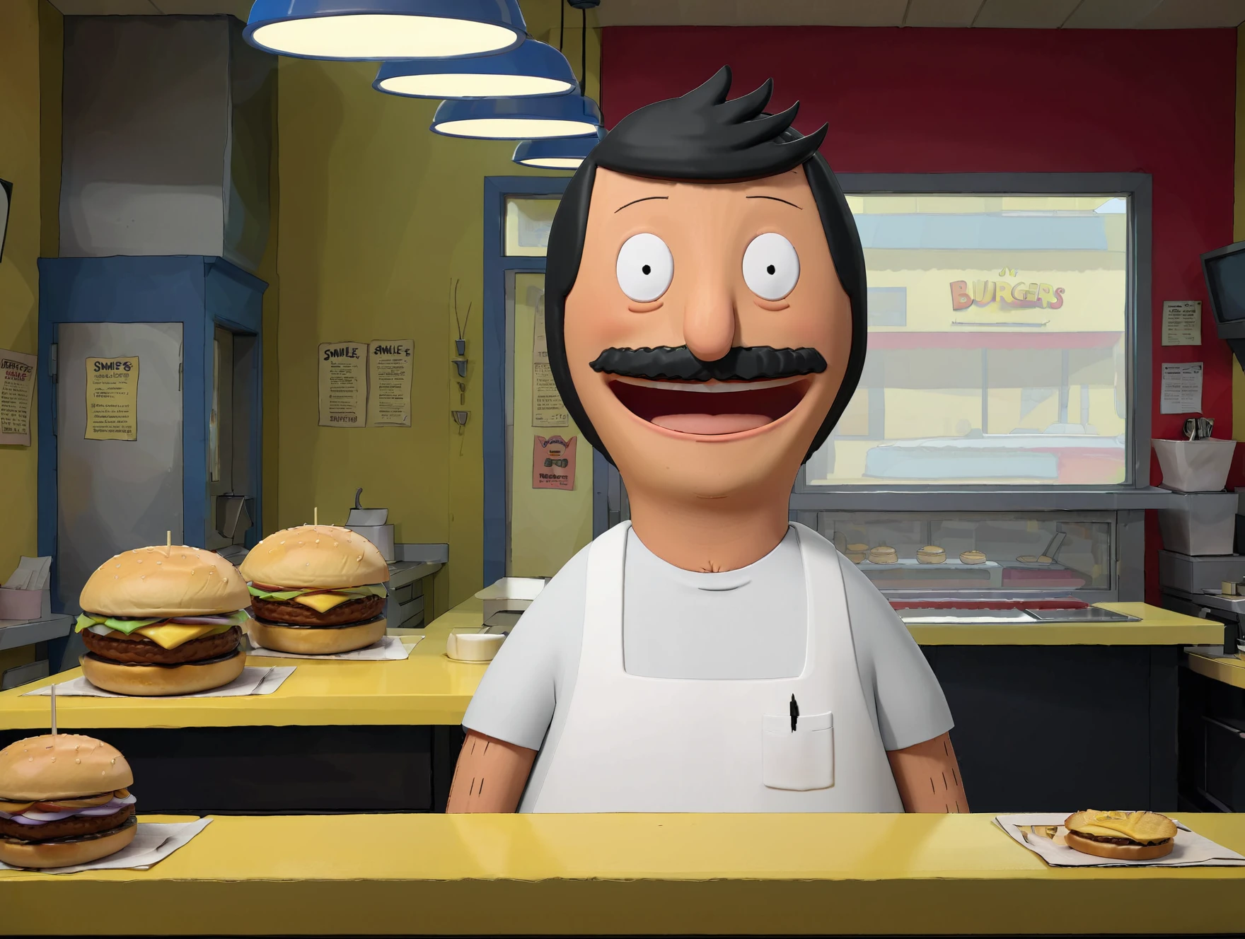 (masterpiece,best quality, high quality:1.2),3d model,
bob belcher,stood behind counter,burger restaurant,smile,
<lora:bob_belcher_sdxl_v1:0.8>