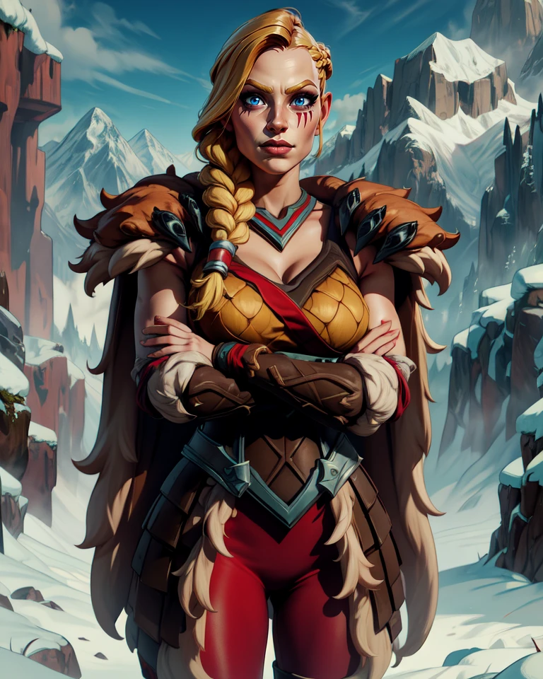 Tyra,blond hair,braid,red check tattoo,blue eyes,smug,solo,mug,
armor,boots,brown footwear,gloves,cape,bare shoulders,fur trim,shoulder armor,
upper body,standing,s,
fantasy,snow mountain,crossed arms,
(insanely detailed, beautiful detailed face, masterpiece, beautiful detailed eyes, best quality),<lora:Tyra-10PLDv7:0.8>,