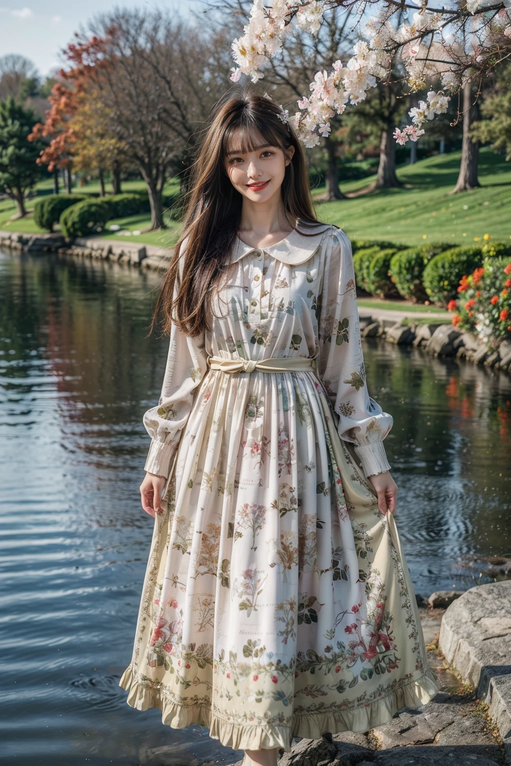 best quality, masterpiece, photorealistic, 1girl, solo, long straight hair, looking at viewer, smile, full body, standing, cyb dress, long sleeves, long dress, floral print, outdoors, tree, flower, river, water, poeple, <lora:add_detail:1>, <lora:beautiful_dress_collection_vol1_style2:0.7>