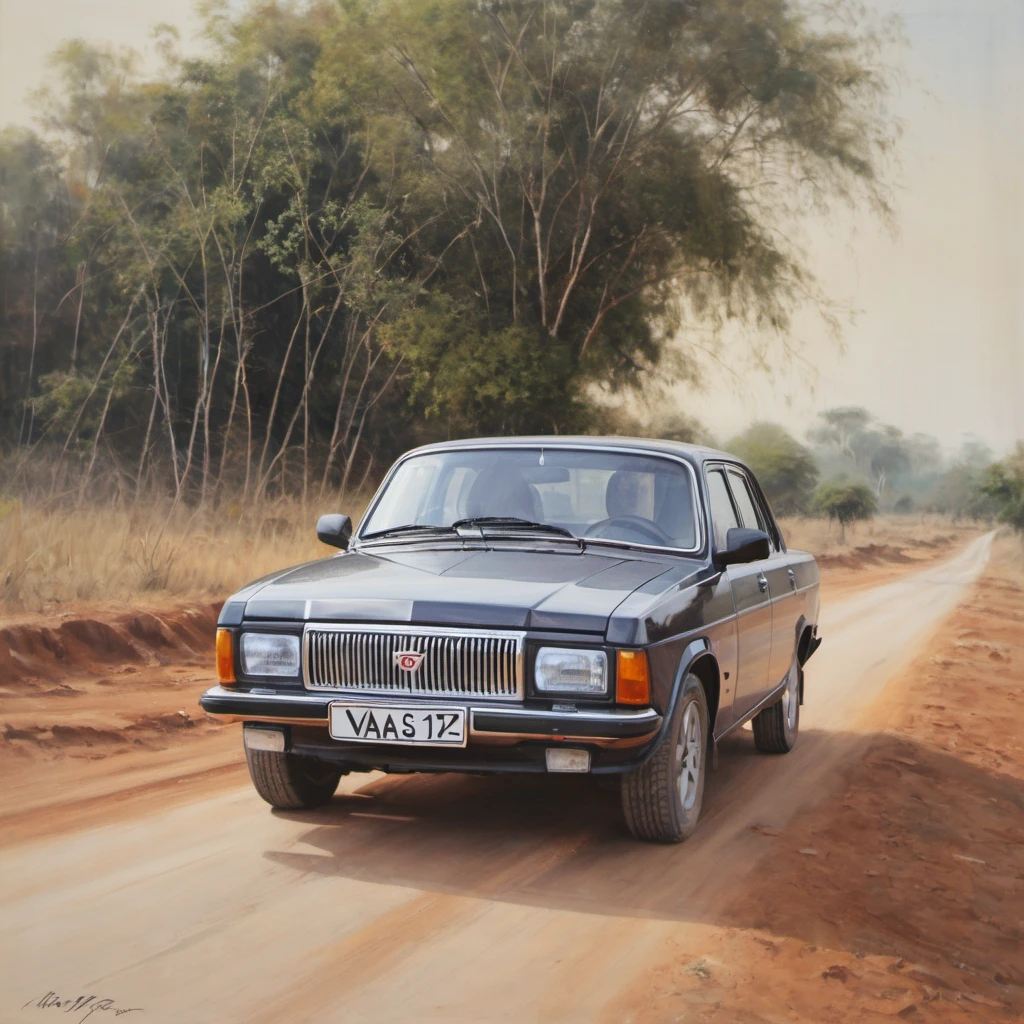 a painting of vaz_3102 on dusty road, large strokes <lora:gaz_3102_SDXL:0.8>