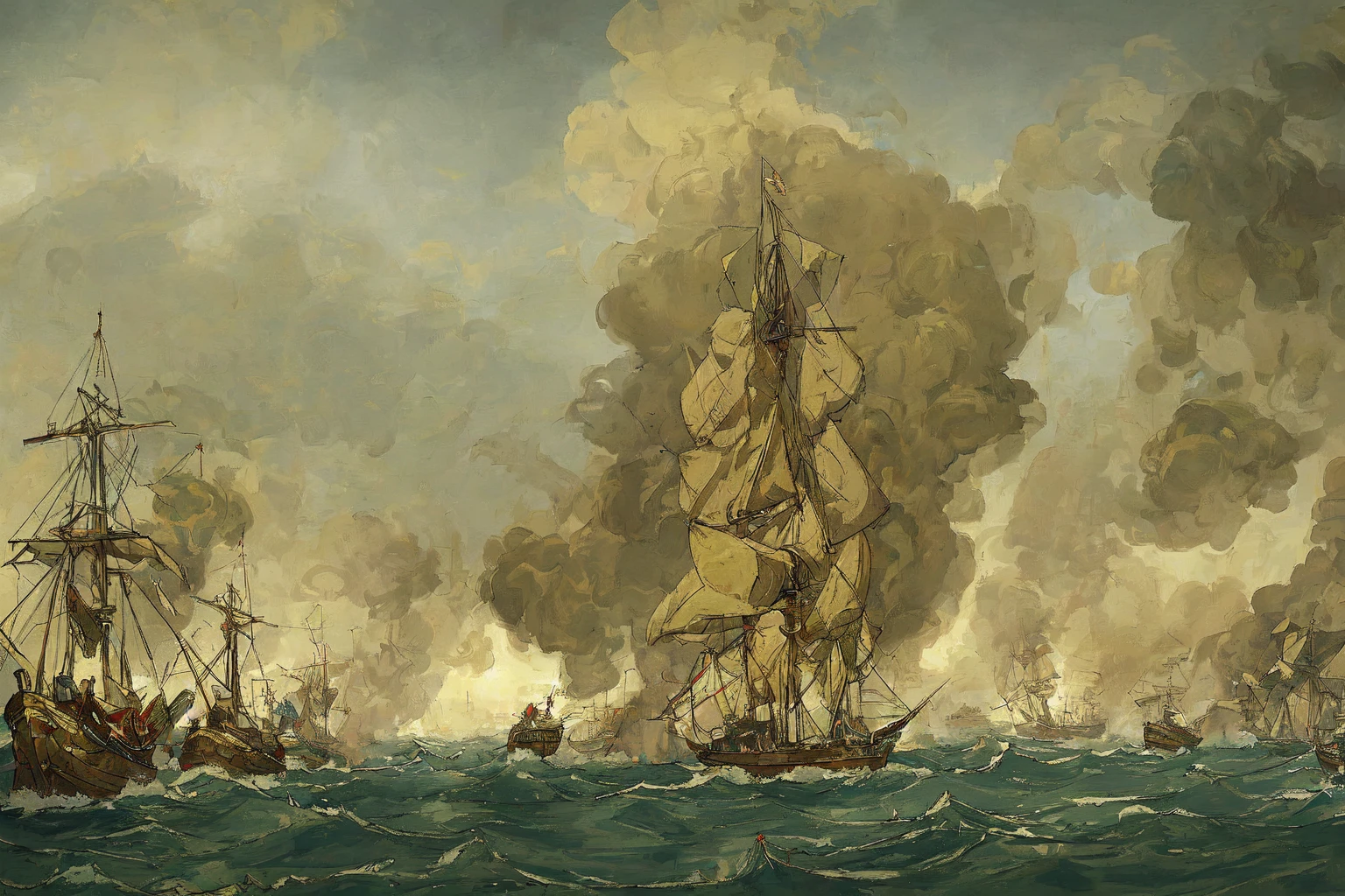 battle, fleet_action, gun smoke, duel, fog of war, lifeboats,