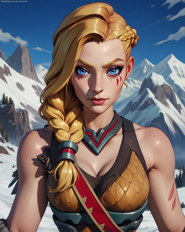 Tyra,blonde hair,braid,blue eyes,smug,solo,facial mark,
armor,boots,gloves,bare shoulders,
upper body,standing,
fantasy,snow mountain,
(insanely detailed, beautiful detailed face, masterpiece, beautiful detailed eyes, best quality),<lora:Tyra-10PLDv7:0.8>,