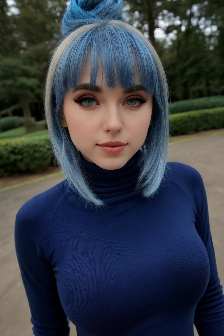 close up photo of beautiful (amrnth), wearing a turtleneck, (fully clothed:1.2), busty, sharp focus, natural lighting, subsurface scattering, f2, 35mm, film grain, outdoors, funky (blue hair:1.1), eyeliner, eye shadow, eye makeup
 <lora:Amouranthdogu_amrnth woman:0.9>