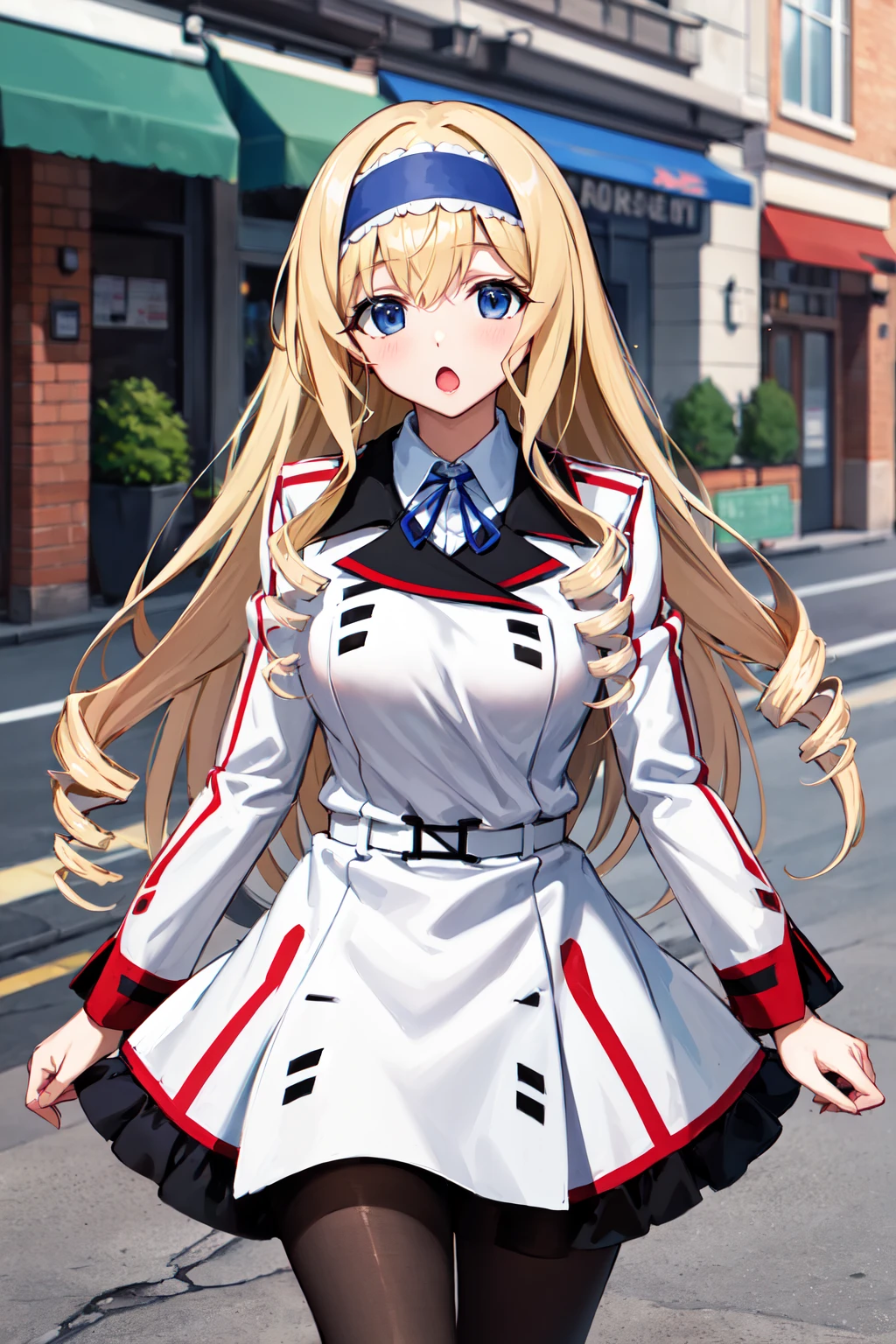 masterpiece, best quality, highres, aacecilia, very long hair, curly hair, drill hair, blue hairband, school uniform, white jacket, white dress, long sleeves, belt, black pantyhose, <lora:cecilia_alcott_v1:0.7>, :o, walking, street, cowboy shot,