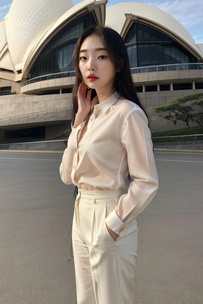 <lora:yangjeehyeon_obj20:0.7 >, full_body, standing, sandals, (shirt), pants, (sydney opera house), (yangjeehyeon: 1.2), perfect face, (contact iris: 1.1), pale skin, skin pores , depth of field
