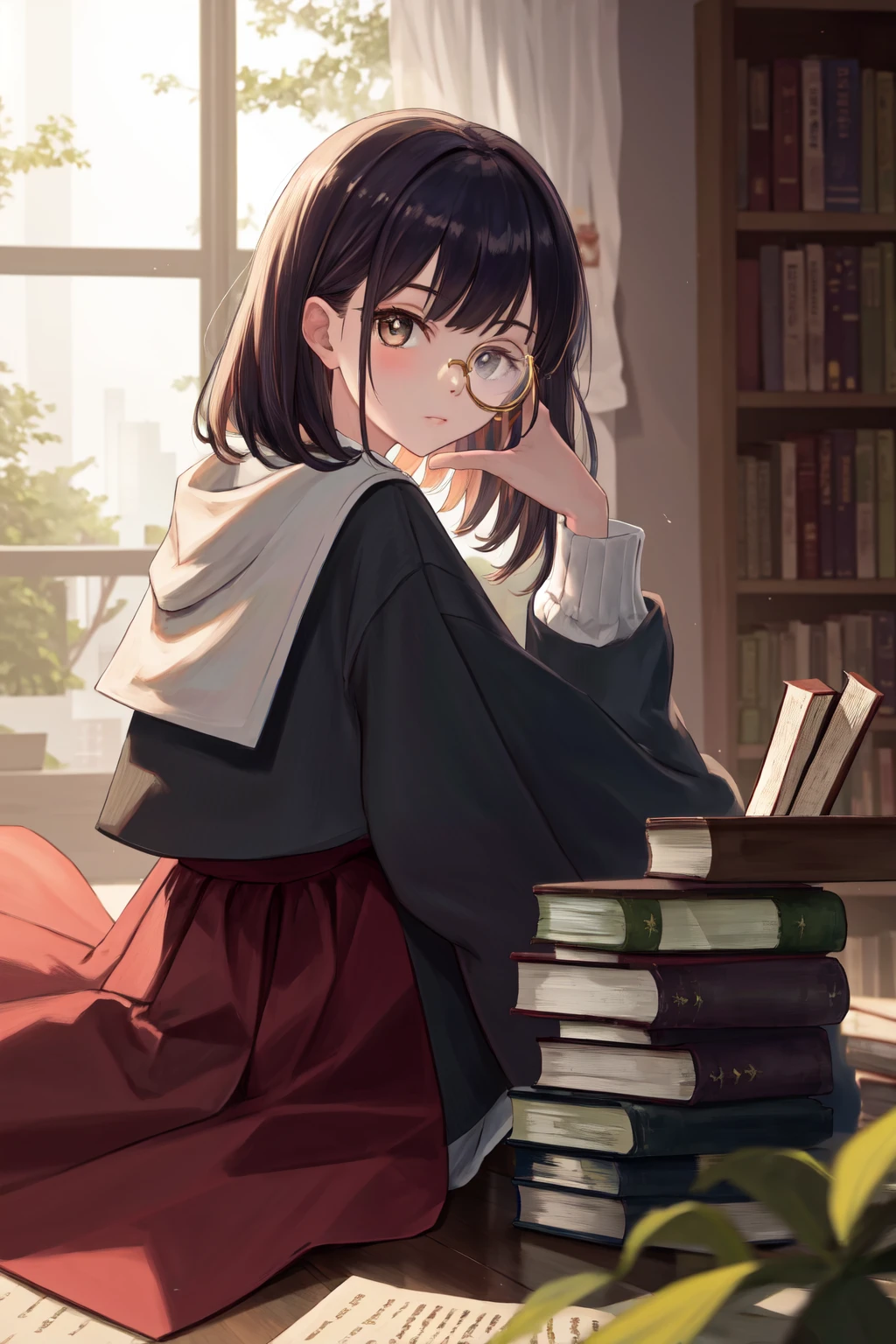 masterpiece, best quality, highres, 1girl monocle <lora:monocle_2:1> from side, sitting, holding books, book stack, looking at viewer