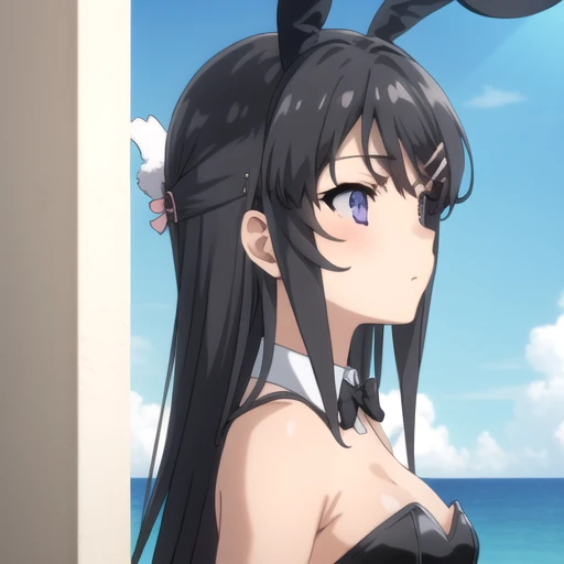 ((masterpiece)),(best quality),official art,extremely detailed CG,unity 8k wallpaper,ultra detailed,A lighthouse on a cliff by the sea,1girl,solo,upper body,(portrait:1.2),black_pantyhose,playboy_bunny,fake_animal_ears,rabbit_ears,detached_collar,long_hair,black_leotard,strapless_leotard,hair_ornament,black_hair,black_bow,shy,looking_to_the_side,cleavage,hairclip,black_bowtie,medium_breasts,purple_eyes,white_collar,<lora:Sakurajima Mai(sby)>,