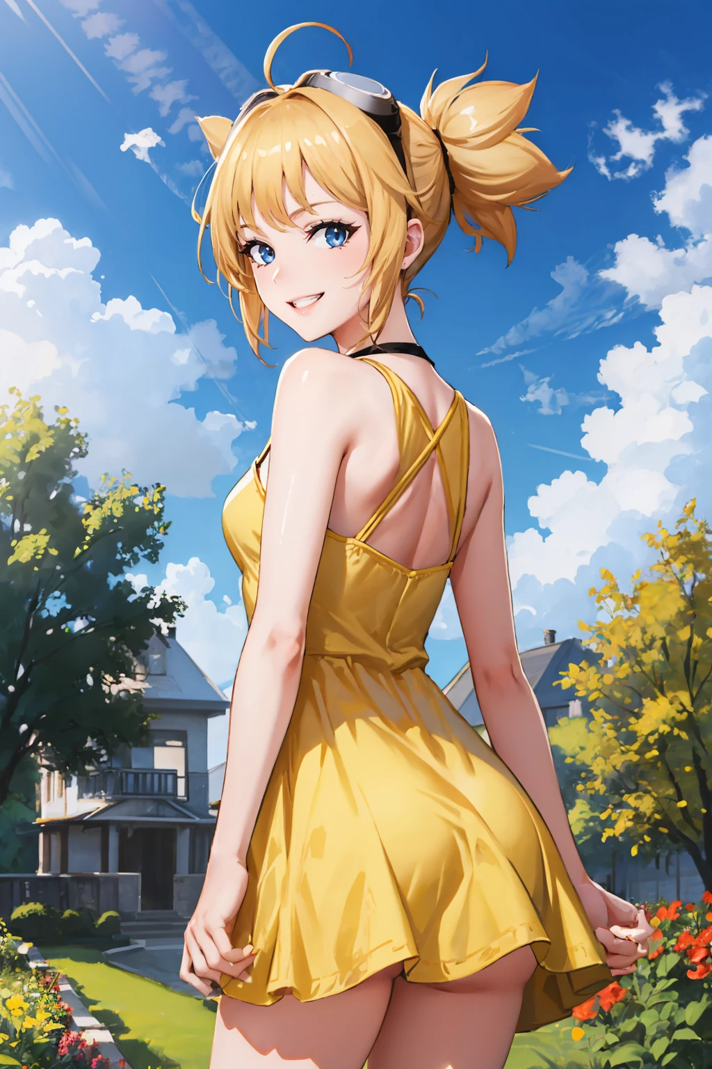 masterpiece, best quality, <lora:gbfpengy-nvwls-v1-000010:0.9> gbfpengy, goggles on head, (yellow sundress), garden, from behind, looking at viewer, grin, blue sky