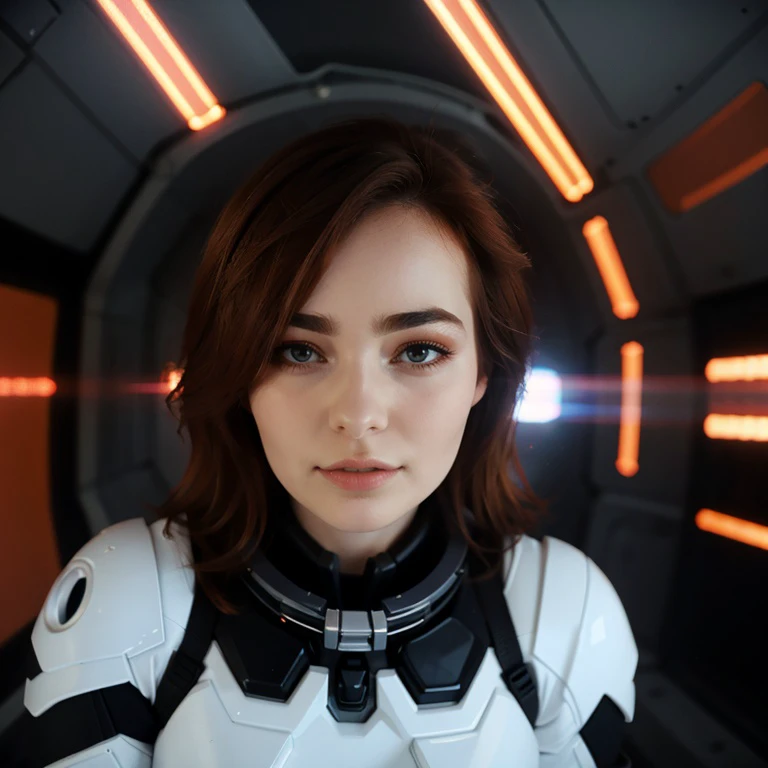 <lora:omgcosplay_sd15_768_512_256_v1-000003:1>omgcosplay,1girl looking at viewer, long brown wavy hair,extreme face closeup, portrait photoshot, high detail, high fidelity, warm lighting casting shadow on face, Futuristic fashion, space explorer suits, sci-fi chic. Background: A high-tech space station with cosmic vistas and advanced technology