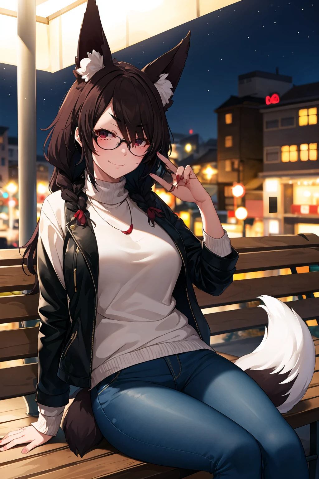 1girl, solo, sidelocks, twinbraids, (black hair:1.2), red eyes, smug, smirk, glasses, sitting, bench, partk, at night, long hair, white sweater, leather jacket, black jacket, fox girl, fox ears, fox tail, jeans, black tail,thigh strap, skindentation  <lora:Suruga-Style-v2_295632:1>