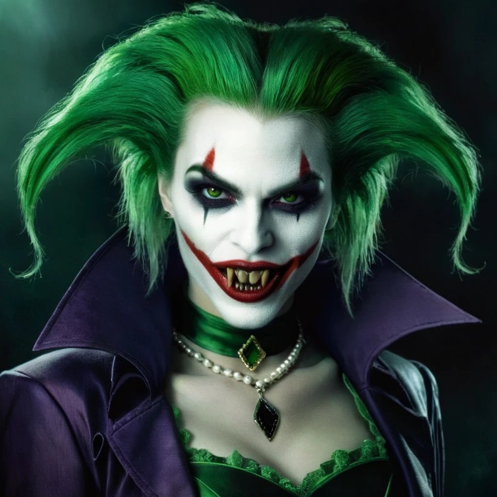 Dark Fantasy Art of <lora:vampire fangs teeth 2:1.2>
Female Vampire a woman dressed as a joker with green hair Vampire Fangs Teeth, dark, moody, dark fantasy style
