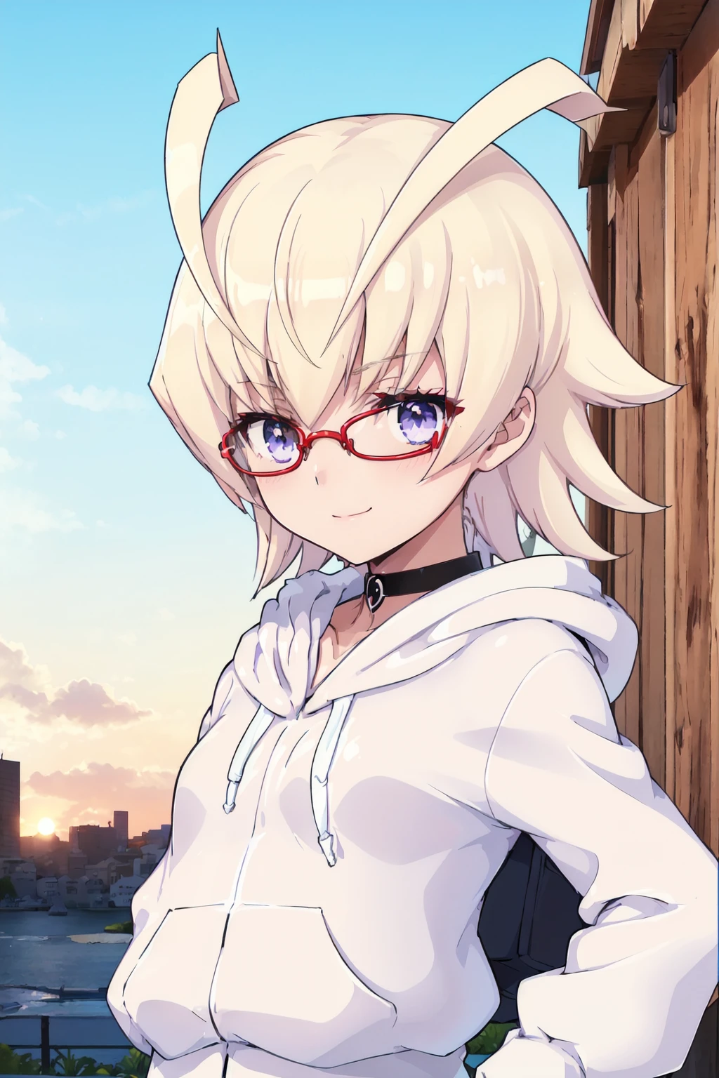 <lora:0 AH3minori:1>,ah3minorii,semi-rimless eyewear,white hoodie,choker,skirt,long hair,long_sleeves,red-framed eyewear,portrait,upper_body,shirt,evil smile,school,flat chest,anime screencap,anime coloring,