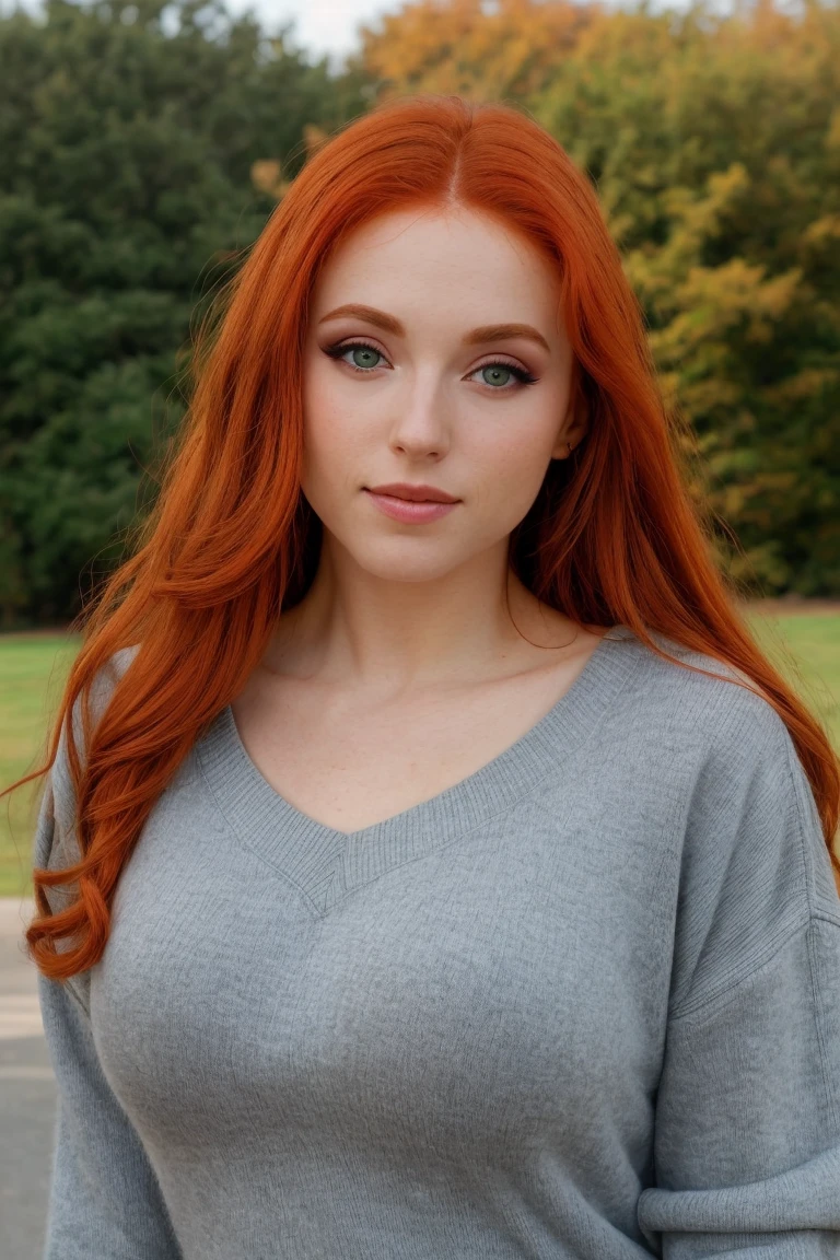 close up photo of beautiful (amrnth), wearing a  sweater, (fully clothed:1.2), busty, sharp focus, natural lighting, subsurface scattering, f2, 35mm, film grain, outdoors, red ginger hair, eyeliner, eye shadow, eye makeup
 <lora:Amouranthdogu_amrnth woman:0.85>