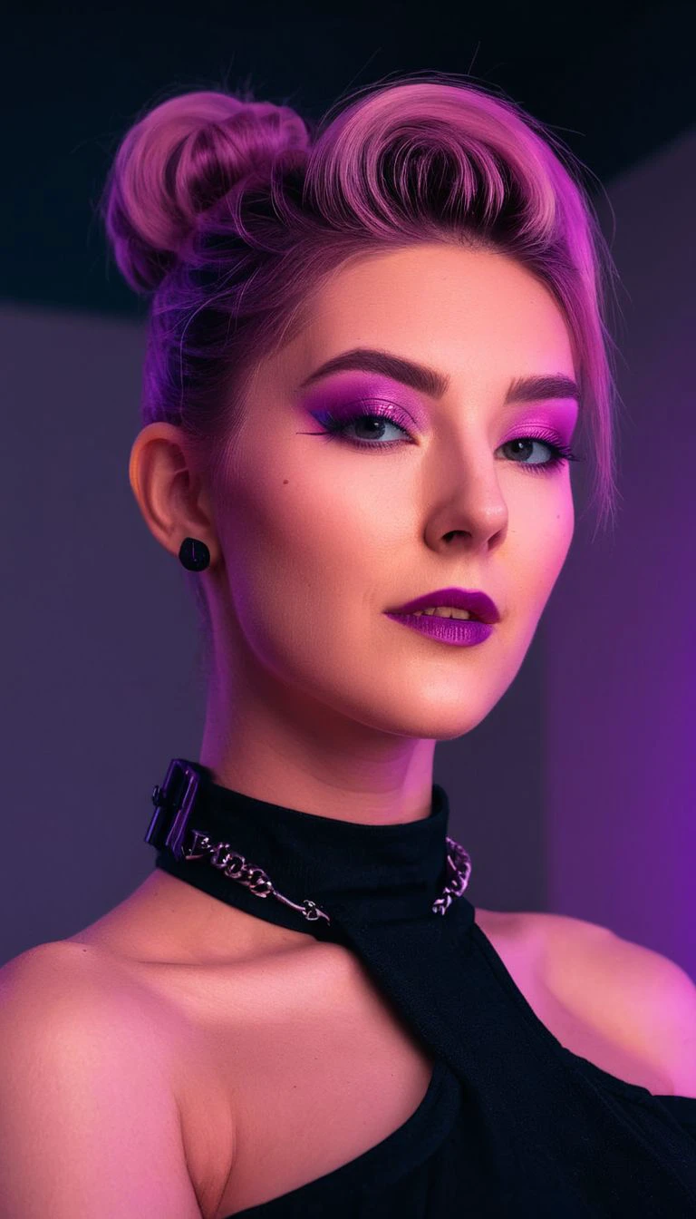 neonpunk style portrait photograph of evaelfie, upper body sunset, updo hair, flash photograph, high contrast <lora:Eva_Elfie_SDXL:0.9> . cyberpunk, vaporwave, neon, vibes, vibrant, stunningly beautiful, crisp, detailed, sleek, ultramodern, magenta highlights, dark purple shadows, high contrast, cinematic, ultra detailed, intricate, professional