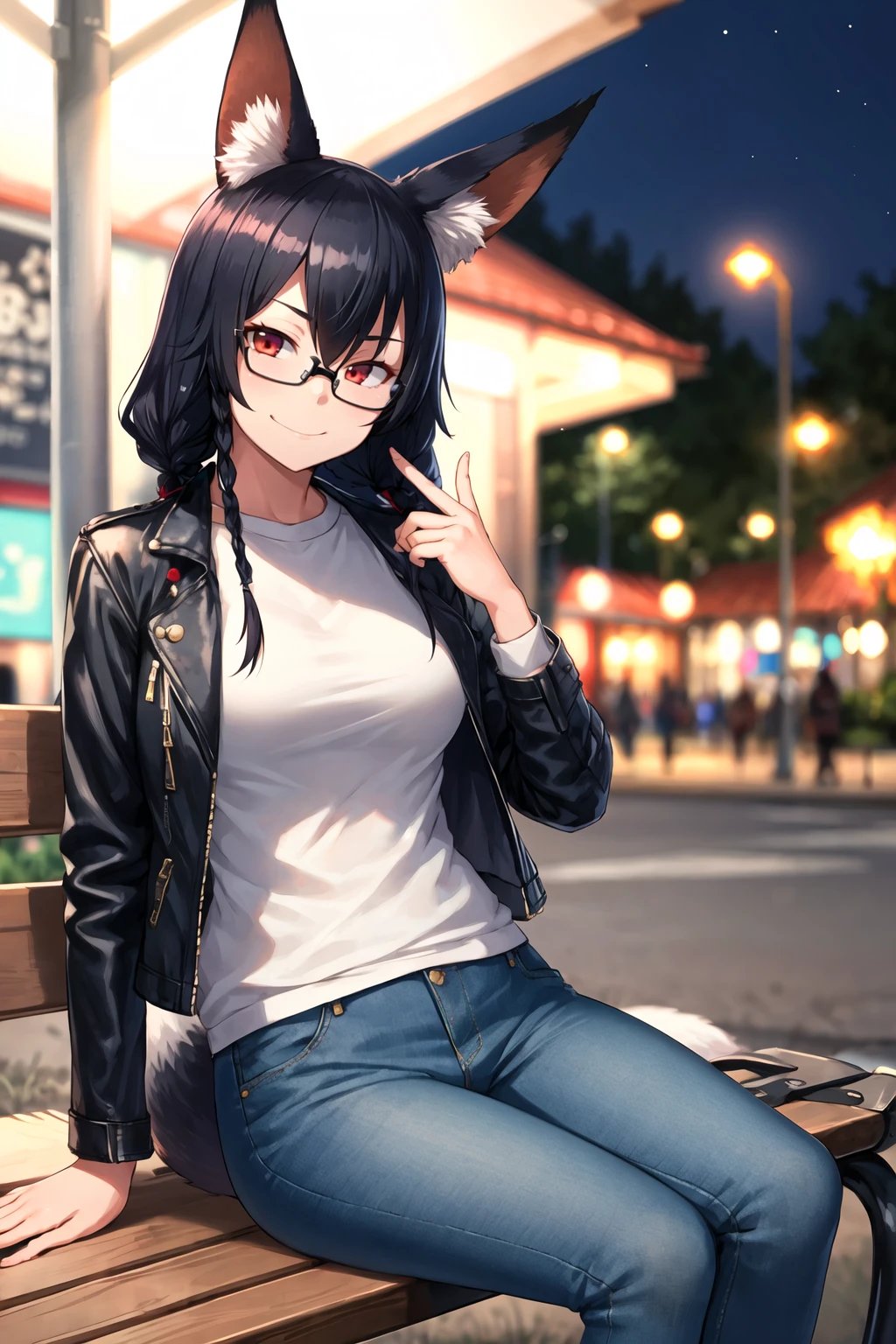 1girl, solo, sidelocks, twinbraids, black hair, red eyes, smug, smirk, glasses, sitting, bench, partk, at ht, long hair, white sweater, leather jacket, black jacket, fox girl, fox ears, fox tail, jeans, black tail,thigh strap, skindentation <lora:Bosshi-style-v1_216336:1>