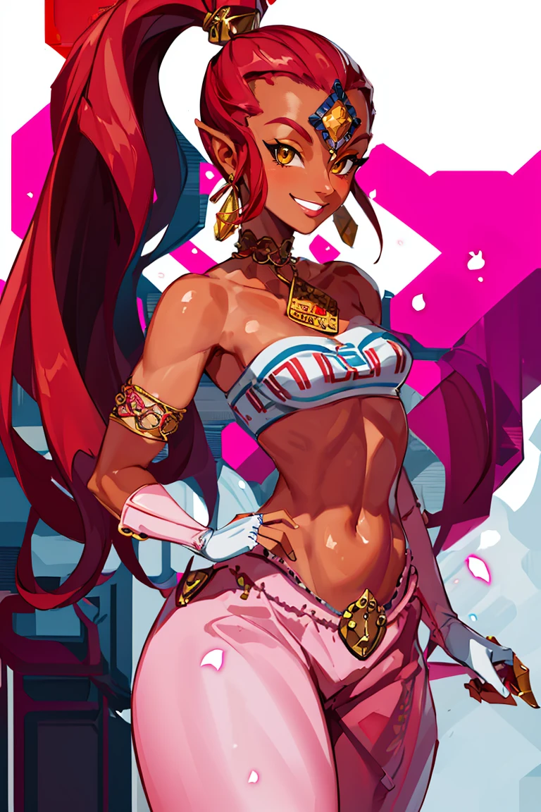 <lora:Sugimori_Ken_Style_v2:0.8>,((masterpiece,best quality)), absurdres, <lora:Nabooru_Zelda_Anime:0.8>, Nabooru_Zelda, pink pants, dark skin, long pony tail solo, smiling, looking at viewer, cowboy shot,