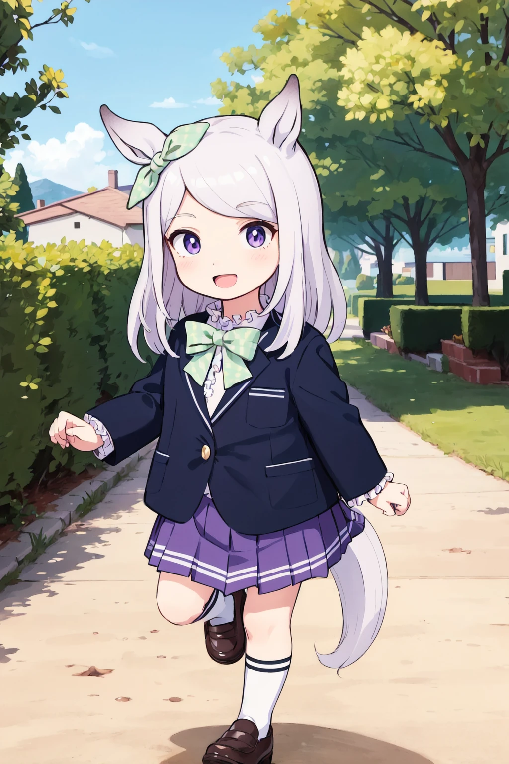 <lora:0 GLCmaqueenchan:1>,mcqueenchan,mejiro mcqueen (umamusume),a very young child,kindergartener,chibi,horse ears,light purple hair,costume,frilled_shirt,blazer,pleated_skirt,bowtie,shoes,socks,looking_at_viewer,:d,running,