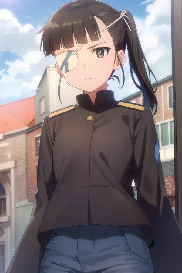 miosakamoto, <lora:mio sakamoto anime-lora-nochekaiser:1>,
mio sakamoto, long hair, black hair, (brown eyes:1.5), ponytail, (eyepatch:1.5),
BREAK uniform, military, military uniform,
BREAK outdoors, ship, ocean, sun, sky, clouds,
BREAK looking at viewer, (cowboy shot:1.5),
BREAK <lyco:GoodHands-beta2:1>, (masterpiece:1.2), best quality, high resolution, unity 8k wallpaper, (illustration:0.8), (beautiful detailed eyes:1.6), extremely detailed face, perfect lighting, extremely detailed CG, (perfect hands, perfect anatomy),