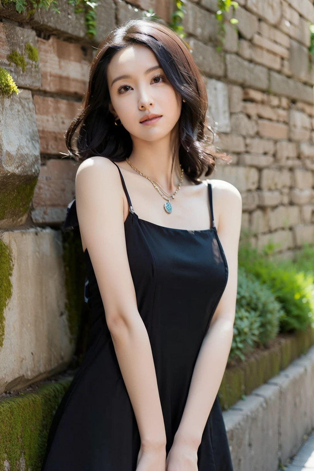 masterpiece,best quality,1girl,upper body,looking at viewer,
standing,
black dress,strap dress,ginza,stone wall, necklace,
<lora:duling:1>
