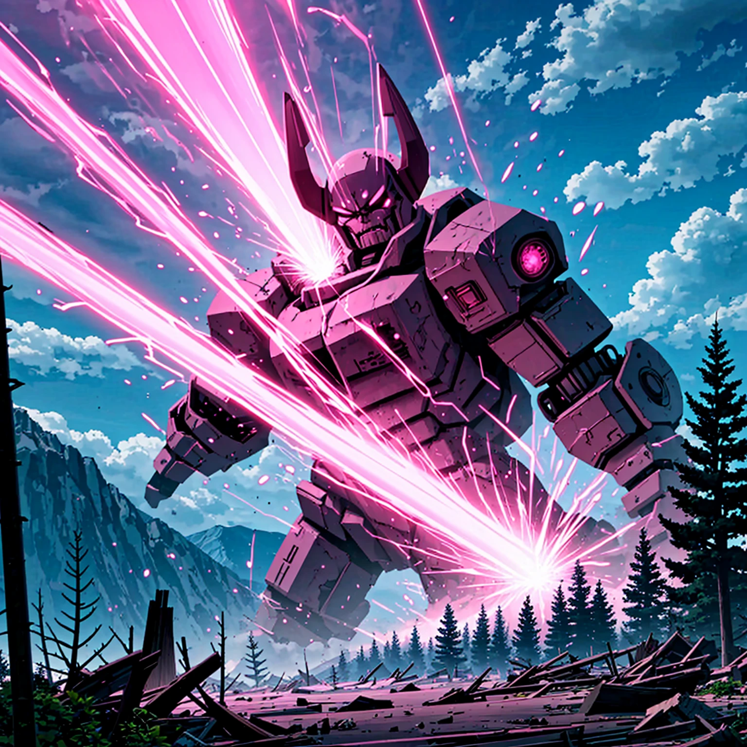 <lora:LCM_LoRA_Weights_SD15:1>,masterpiece,best quality,highly detailed,buildings,giant evil robot,
BREAK
<lora:monsterDamagedBeam:0.4>,beam,damaged,destruction,pink beam,(((giant demon being damaged by giant pink beam,pink beam hits demon,wilderness))),shattered pink beam,