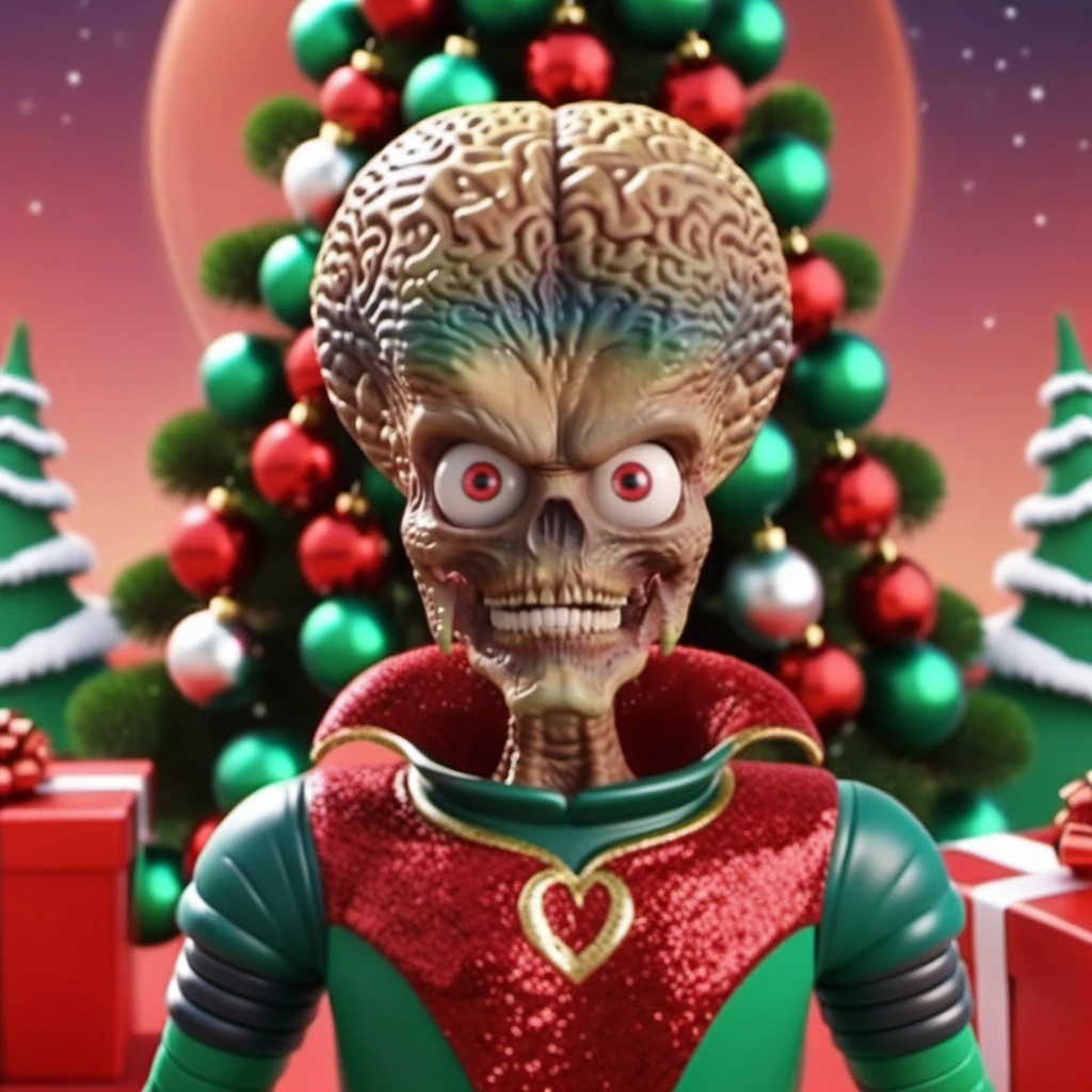 MarsAttack1024, an alien, ++((full body)), christmas scenery, garlands, gifts, christmas tree, features intricate detail, detailed eyes, highly detailed, photography, ultra sharp, film, bokeh, professional, 4k <lora:MarsAttack1024:0.7> <lora:add-detail-xl:2>