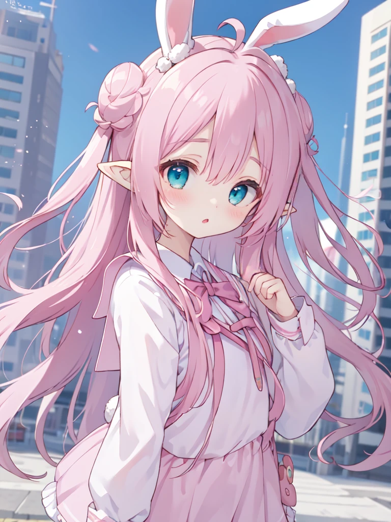 ygirl,(detailed outdoor), <lora:yuzurihagirl:0.6> ichiban iiewo tanomu,(highly detailed image of the cute girl in city),vibrant,petite girl,(pink ultra long wavy hair:1.4), (bashful),ð³,ahoge,(pink braided bun hair with bunny ears),aqua eyes,(pointy ears),look at viewer,((school uniform))   <lora:a style flat2:0.5>