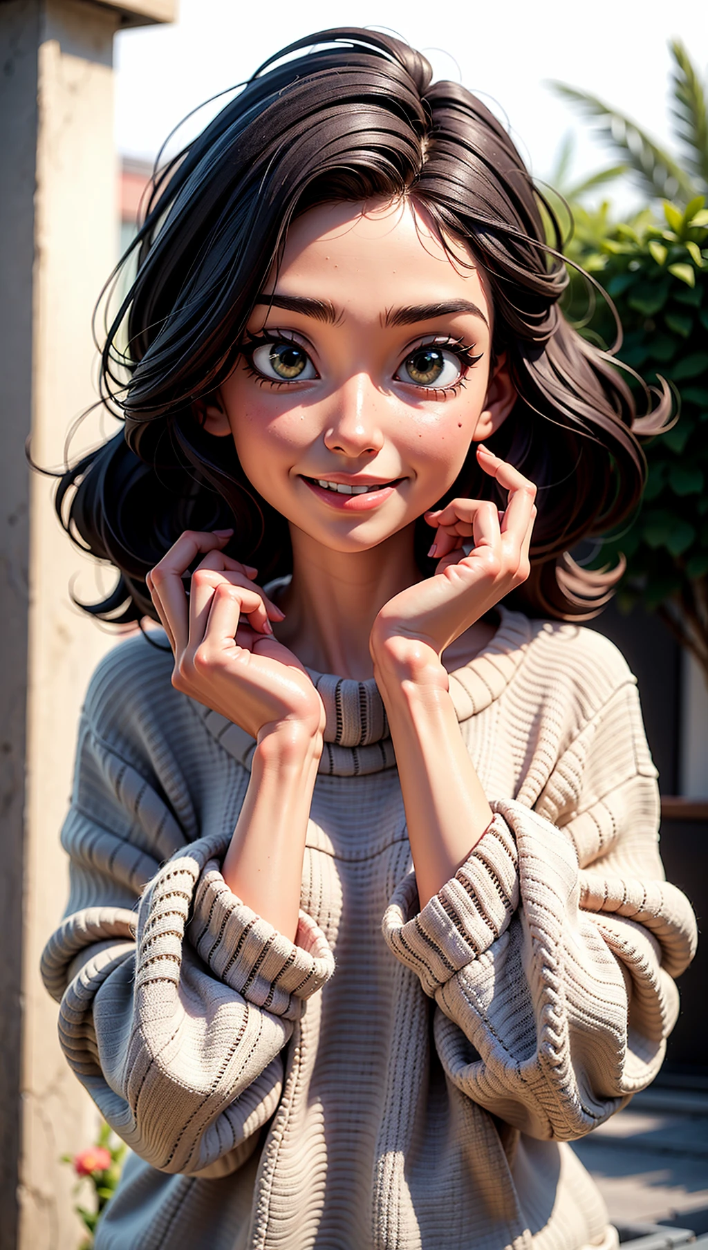 edgy pinterest woman,20 years old,wearing a oversized sweater,happy,dimples,natural look,sunny,soft lighting,emotional,grainy,