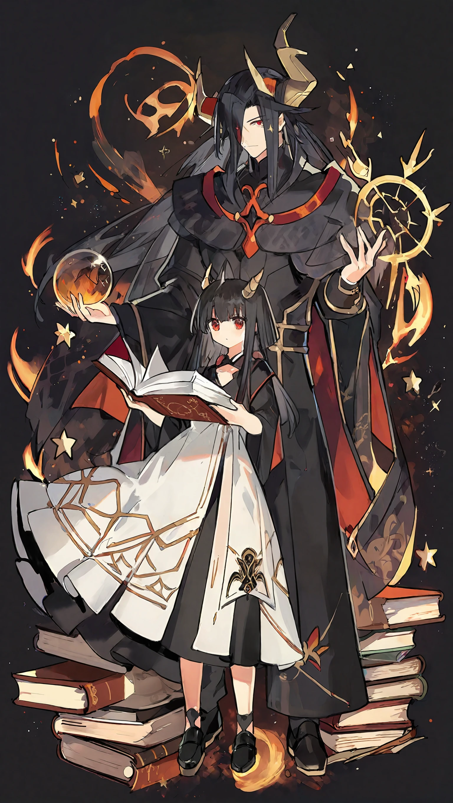 by starshadowmagic, best quality, detailed, 1boy, 1girl, solo, black background, male focus, full body, looking at viewer, holding, horns, red eyes, hair between eyes, black hair, bangs, dress, black footwear, long sleeves, open book