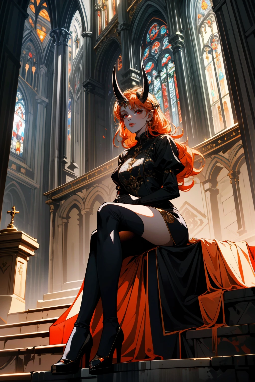 ((ultra detailed, masterpiece, best quality))
<lora:BGMizora:0.9>
BGMizora, 1girl, solo, orange hair, red eyes, colored skin, horns, dress, sitting, full body, cathedral