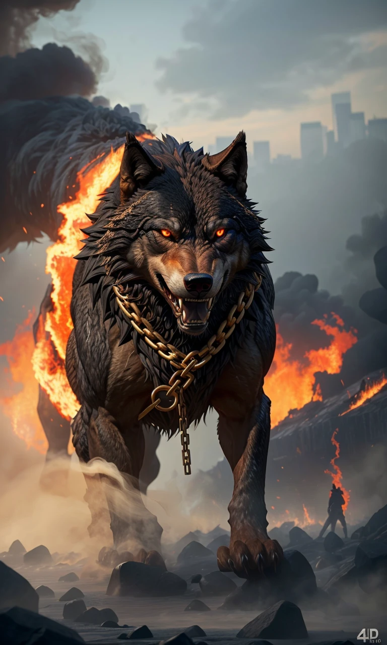 fenrir2023, 1 giant wolf over new york city, smoke, fog, flames, Ragnarok, gold chains, glowing eyes, sharp teeth,  8k, uhd, masterpiece, detailed, chained, trending on artstation, 4 legs,