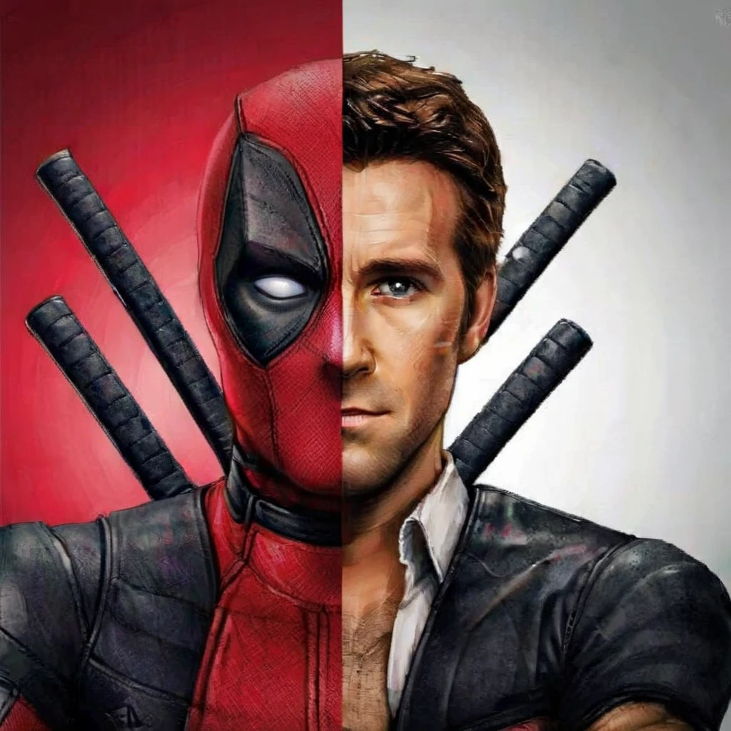 masterpiece,solo,Deadpool1024,cartoon of a man, twofaces, <lora:twoface2:0.85>,Ryan Rodney Reynolds.no mask.business suite, <lora:Deadpool1024:0.5>