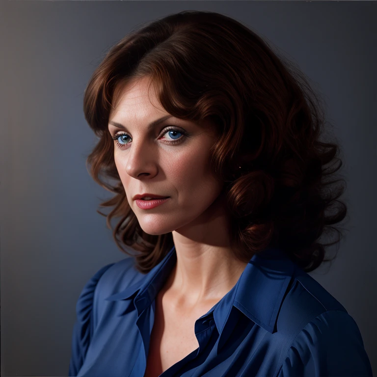 Hyperrealistic art of  <lora:Kay Parker SD1.5:1.2> Kay Parker
a woman in a blue shirt is holding a red object retro style, Extremely high-resolution details, photographic, realism pushed to extreme, fine texture, incredibly lifelike