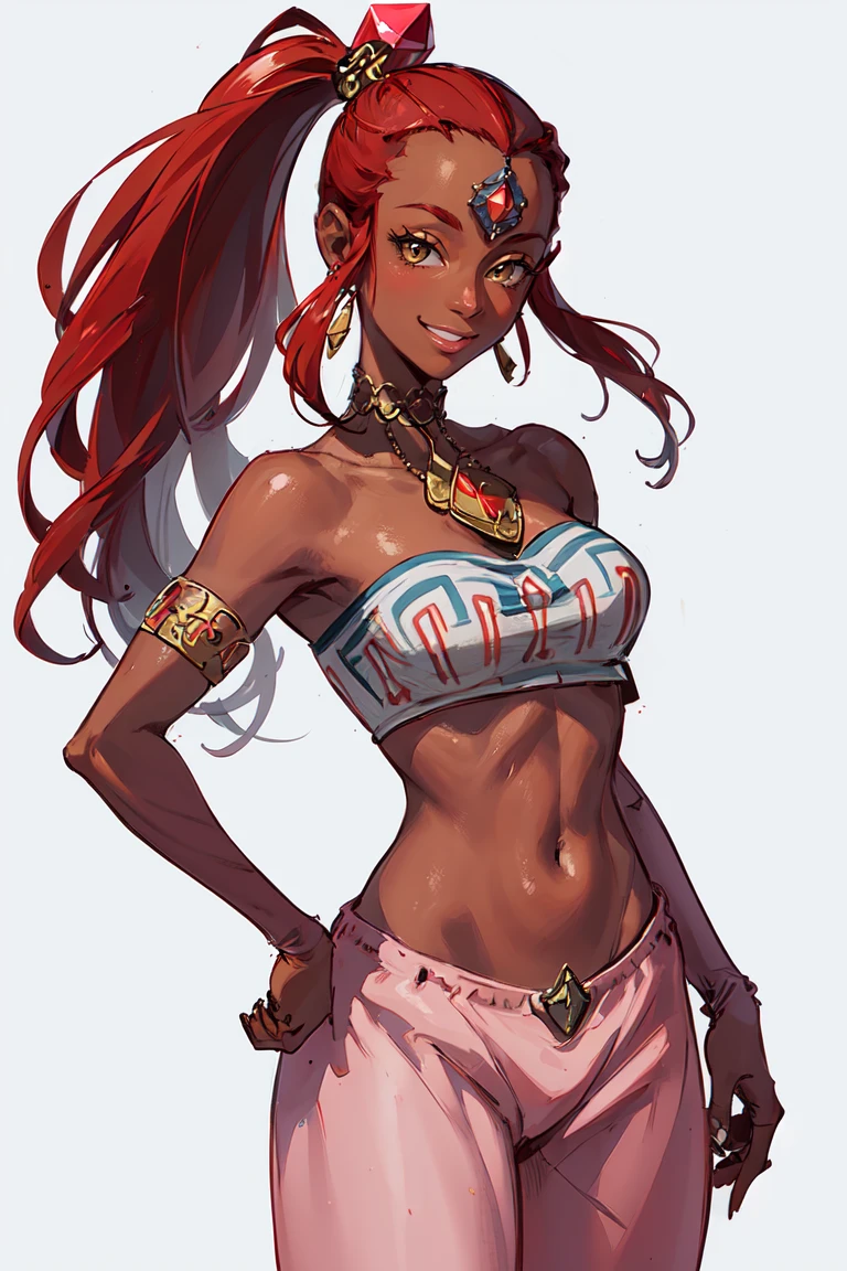 ((masterpiece,best quality)), absurdres, <lora:Nabooru_Zelda_Anime:0.8>, Nabooru_Zelda, pink pants, dark skin, long pony tail solo, smiling, looking at viewer, cowboy shot,