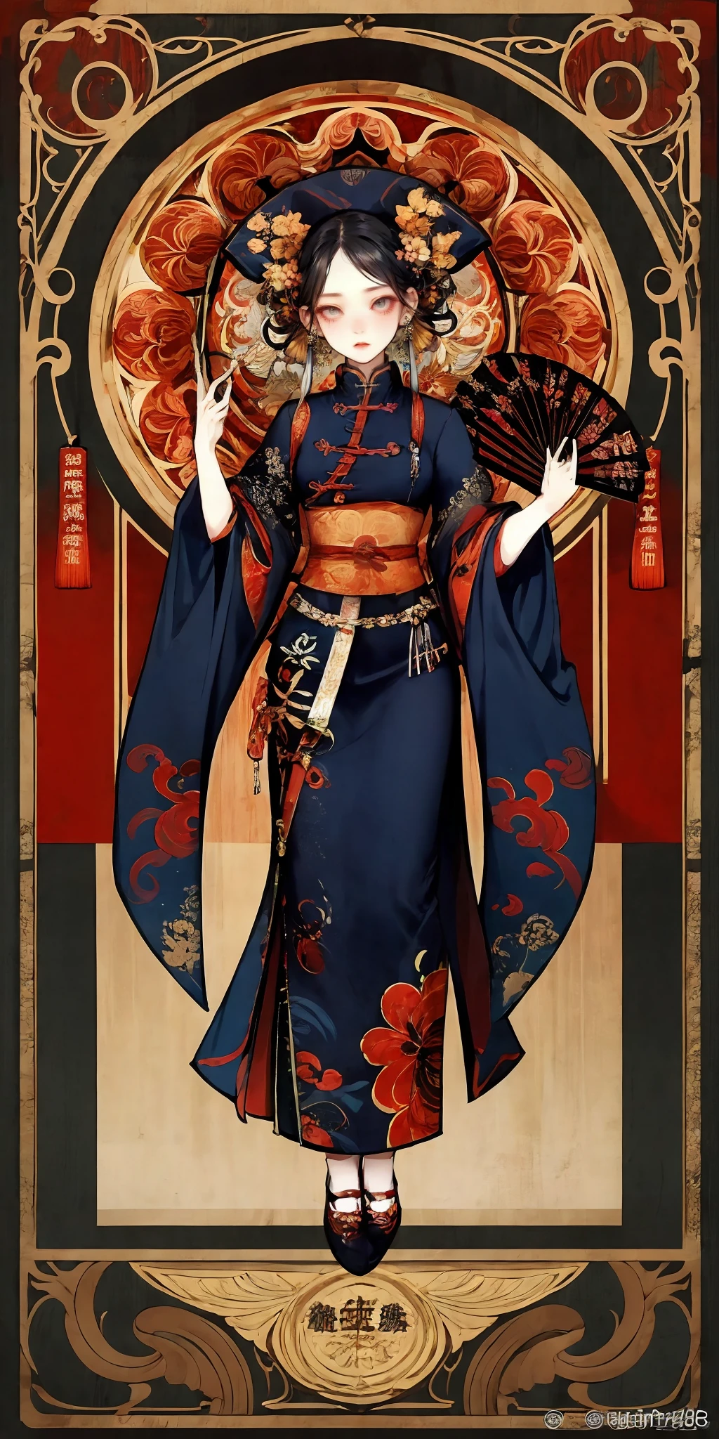 HEZI,Card design,High quality,boutique,Chinese style,Chinese fashion,GC,beautiful and lovely girl,holding a folding fan,<lora:å¡çèºæ¯2-000010:0.65>,