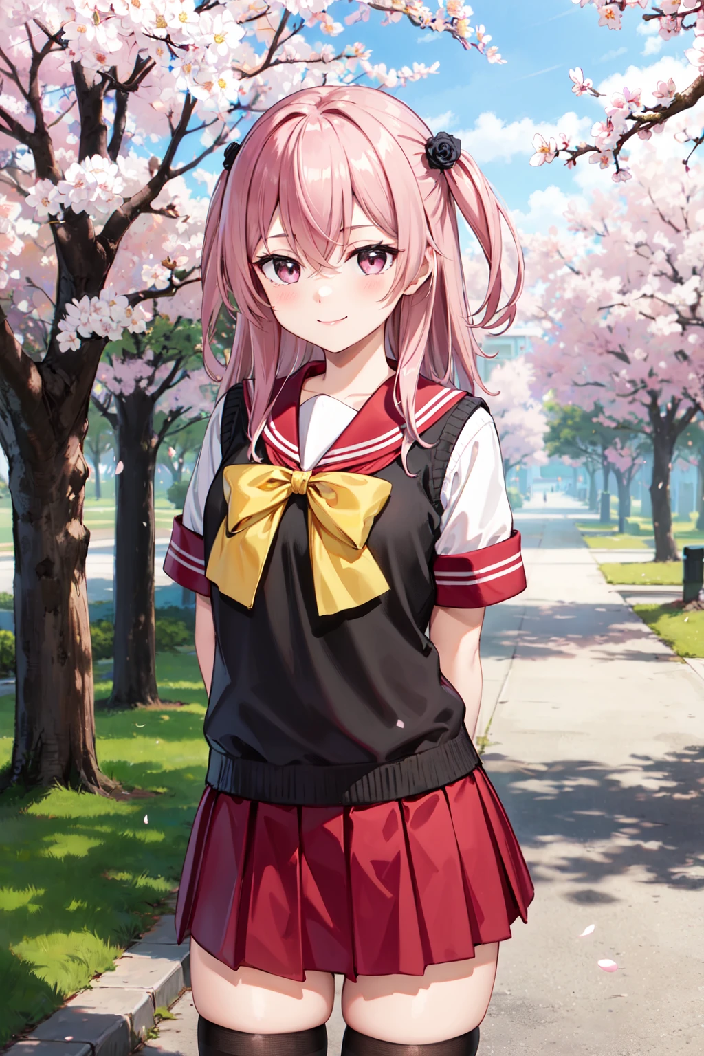 masterpiece,best quality,highres,ultra-detailed,aasajuna,pink eyes,purple eyes,pink hair,long hair,two side up,hair between eyes,bangs,hair flower,black rose,school uniform,serafuku,red sailor collar,(yellow bowtie:1.1),black vest,sweater vest,white shirt,short sleeves,red skirt,thighhighs,(black thighhighs:1.2),loafers,black footwear,<lora:inui_sajuna:0.7>,outdoors,cherry blossoms,standing,cowboy shot,smile,arms_behind_back,