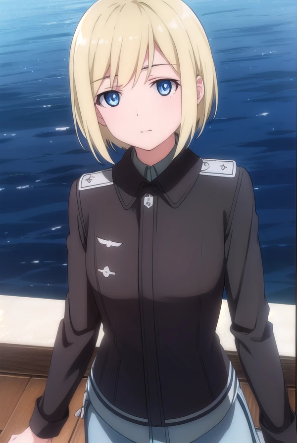 ericahartmann, <lora:erica hartmann anime-lora-nochekaiser:1>,
erica hartmann, short hair, blue eyes, blonde hair, bob cut,
BREAK uniform, military, military uniform,
BREAK outdoors, ship, ocean, sun, sky, clouds,
BREAK looking at viewer, (cowboy shot:1.5),
BREAK <lyco:GoodHands-beta2:1>, (masterpiece:1.2), best quality, high resolution, unity 8k wallpaper, (illustration:0.8), (beautiful detailed eyes:1.6), extremely detailed face, perfect lighting, extremely detailed CG, (perfect hands, perfect anatomy),