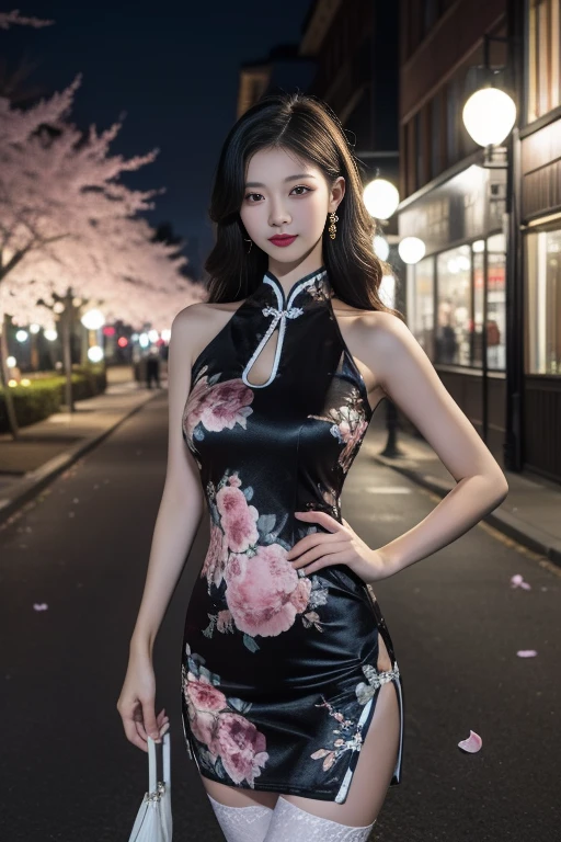 ltra-detailed,highly detailed,best quality,masterpiece,illustration,realistic,
whqp,qipao, 1girl, solo,
china dress, chinese clothes,print dress, shiny dress, thighhighs,
hand on hip,
looking at viewer, cowboy shot, standing,
long hair,
outdoors, photo background, night, city lights, street,cherry blossoms, falling petals,
<lora:whqp qipao_v2_03:0.7>