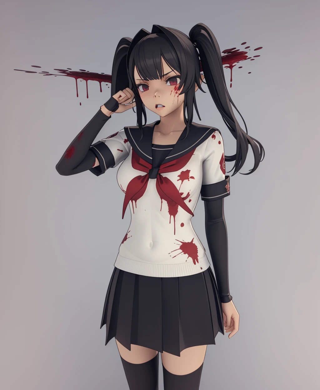 (3D Rendering:1.3), yandere_style, 1girl, long hair, skirt, black hair, thighhighs, twintails, blood, dark, <lora:yandere_style-10:0.8>