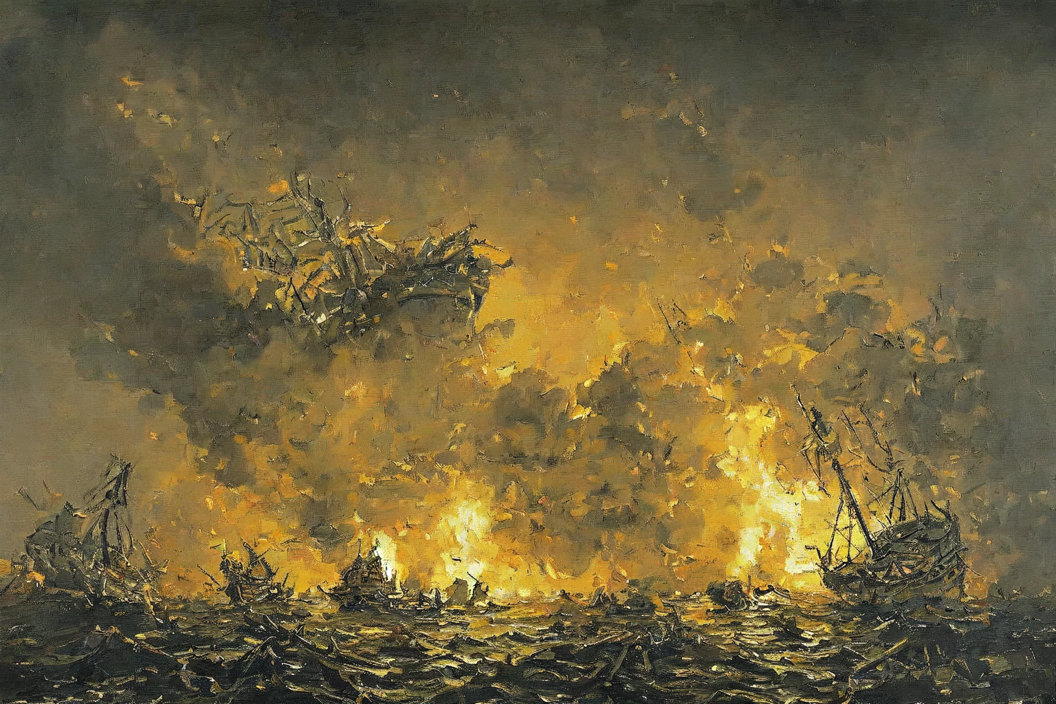 battle, burning ships, night action, wreckage, heavy seas, oil painting