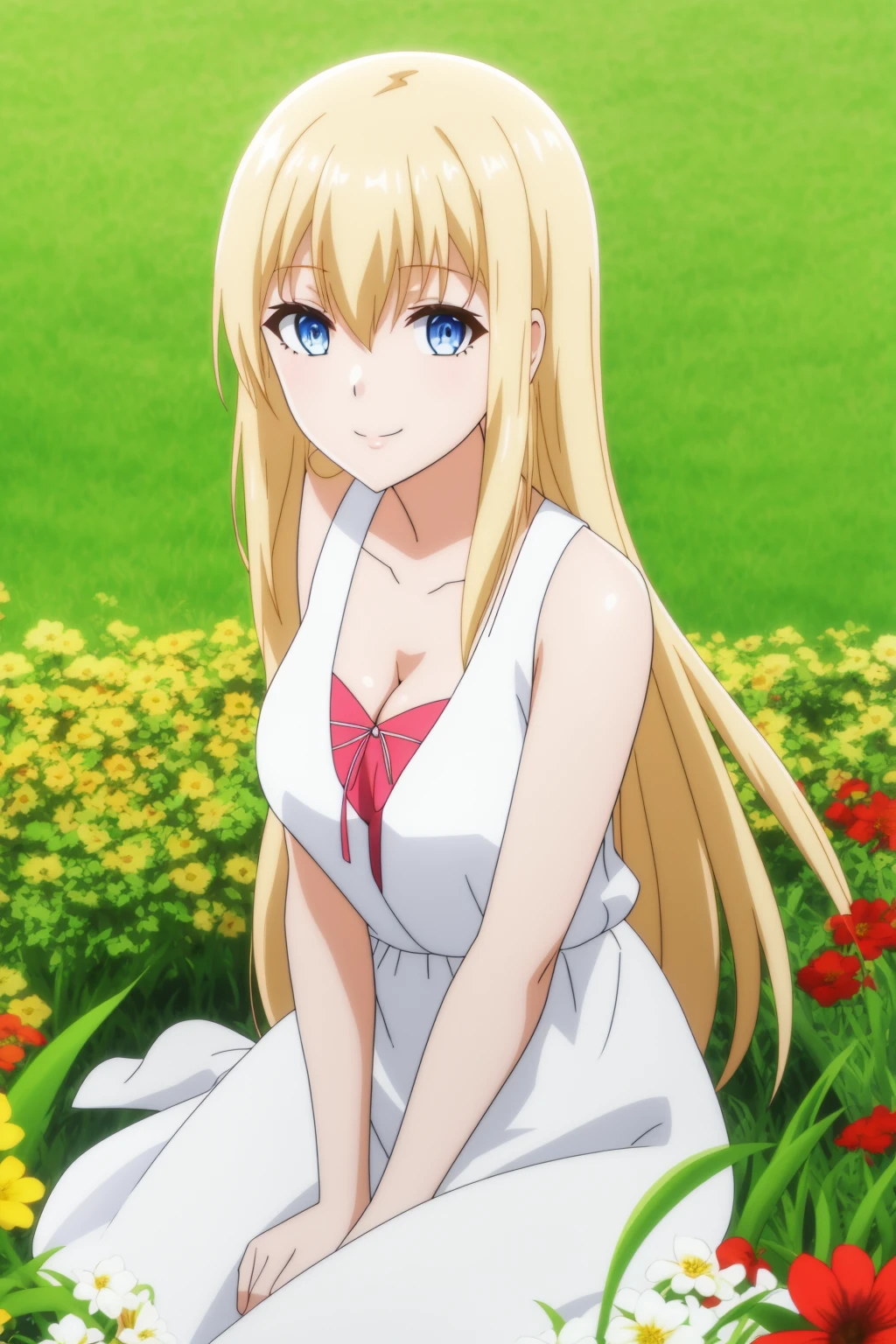 roxy, 1girl,solo,long_hair,looking_at_viewer,bangs,blue_eyes,blonde_hair,hair_between_eyes,sit_on_ground,outdoor,flower_field,white_dress,summer_dress,smile,medium_breasts,cleavage