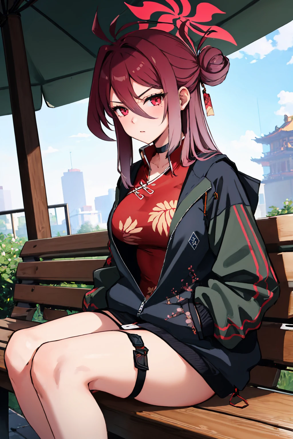 (best quality, 4k, master part :1.3), ((idol)), beautiful woman, Ultra-detailed face, Detailed lips, full lips, Detailed eyes, Double eyelidm, smooth skin, (large breasts:1.4), cyan and purple hair, hiding wearing a red jacket, covering his head with a hood, leaning on a wooden table, Japanese city background in the background, drinking bubble tea, looking at you, japan street background, sitting in a cafe
