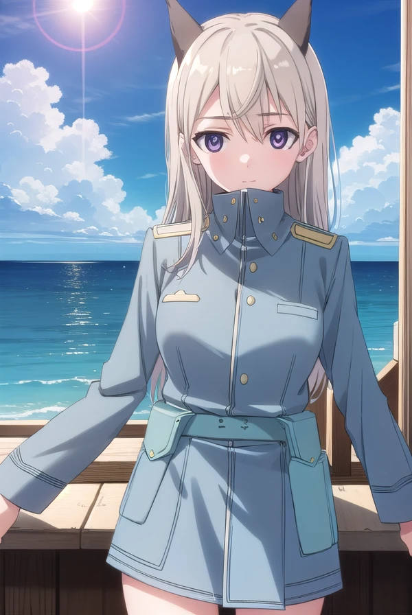 eilailmatarjuutilainen, <lora:eila ilmatar juutilainen anime-lora-nochekaiser:1>,
eila ilmatar juutilainen, long hair, (purple eyes:1.1), blonde hair, animal ears, fox ears, fox girl,
BREAK uniform, military, military uniform,
BREAK outdoors, ship, ocean, sun, sky, clouds,
BREAK looking at viewer, (cowboy shot:1.5),
BREAK <lyco:GoodHands-beta2:1>, (masterpiece:1.2), best quality, high resolution, unity 8k wallpaper, (illustration:0.8), (beautiful detailed eyes:1.6), extremely detailed face, perfect lighting, extremely detailed CG, (perfect hands, perfect anatomy),