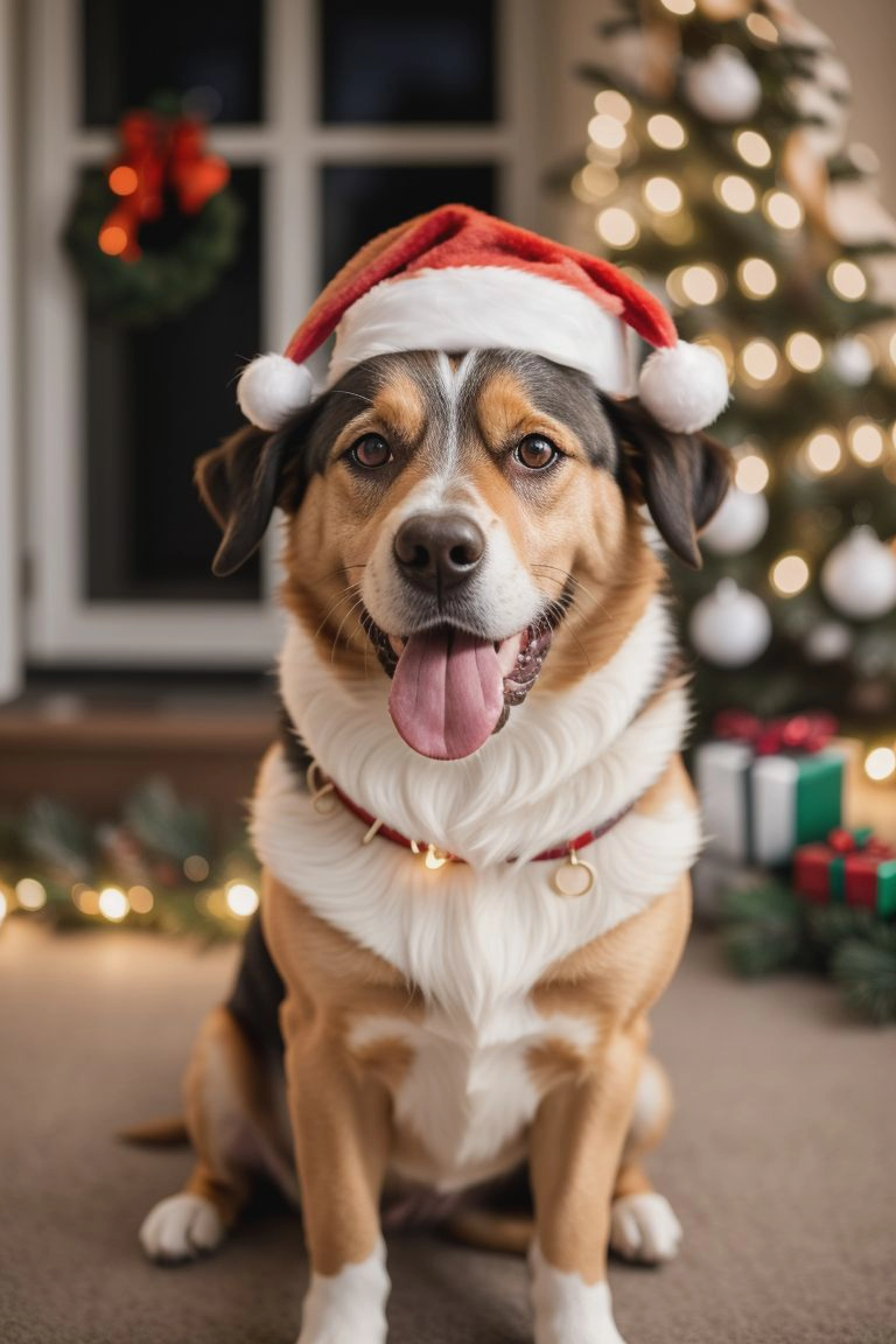 A dog, tail wagging furiously, gazes up at its owner with wide, delighted eyes, holding a Christmas surprise in its mouth, showcasing pure excitement and happiness, a scene illuminated by the warm, cozy glow of the holiday lights. (((excited dog))) (((delighted eyes))) (((Christmas surprise))) (((cozy holiday lights))).