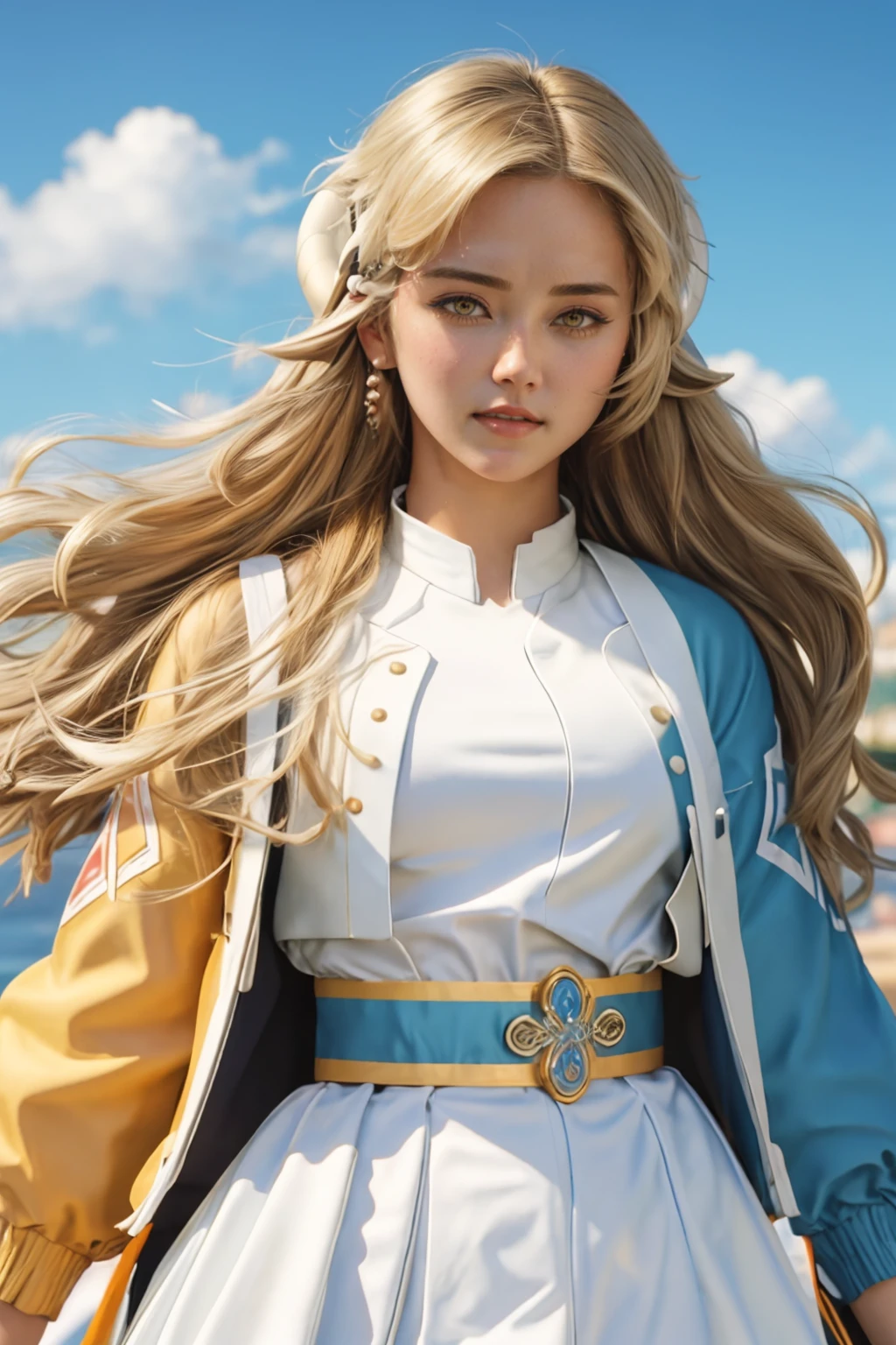 ultra detailed, sharp focus, best quality, masterpiece, colorful, <lora:NSLaraMaplestory:0.9> NSLaraMaplestoryBase, blonde hair, dress, jacket, sky background, best quality, masterpiece, intricate details