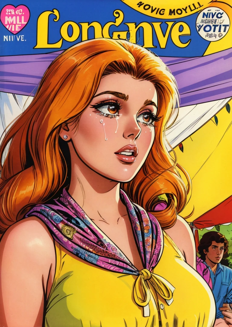 romance_comics_cover, comic book cover of (crying:1.2) Ann-Margret with headscarf, and fabric-covered elastic hair ties with paisley patterns in orange, 70s style hippie commune: a peaceful, rural community with colorful tents, tie-dye banners, and a sense of counterculture ideals, where people share music, art, and organic food, dramatic lighting, dramatic perspective, <lora:romance_comics_cover:0.7>