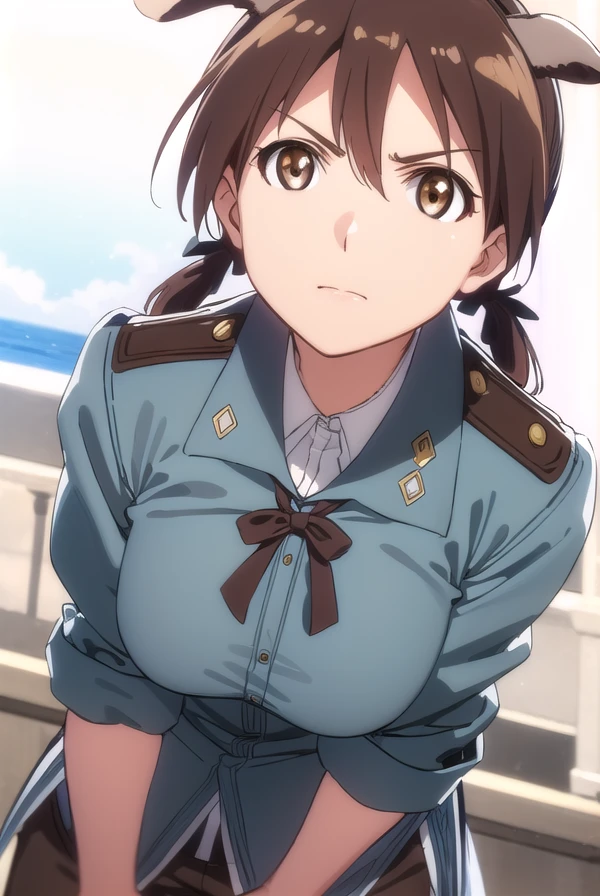 gertrudbarkhorn, <lora:gertrud barkhorn anime-lora-nochekaiser:1>,
gertrud barkhorn, brown hair, ribbon, animal ears, twintails, (brown eyes:1.5), hair ribbon, dog ears, dog girl, frown, angry,
BREAK uniform, military, military uniform,
BREAK outdoors, ship, ocean, sun, sky, clouds,
BREAK looking at viewer, (cowboy shot:1.5),
BREAK <lyco:GoodHands-beta2:1>, (masterpiece:1.2), best quality, high resolution, unity 8k wallpaper, (illustration:0.8), (beautiful detailed eyes:1.6), extremely detailed face, perfect lighting, extremely detailed CG, (perfect hands, perfect anatomy),