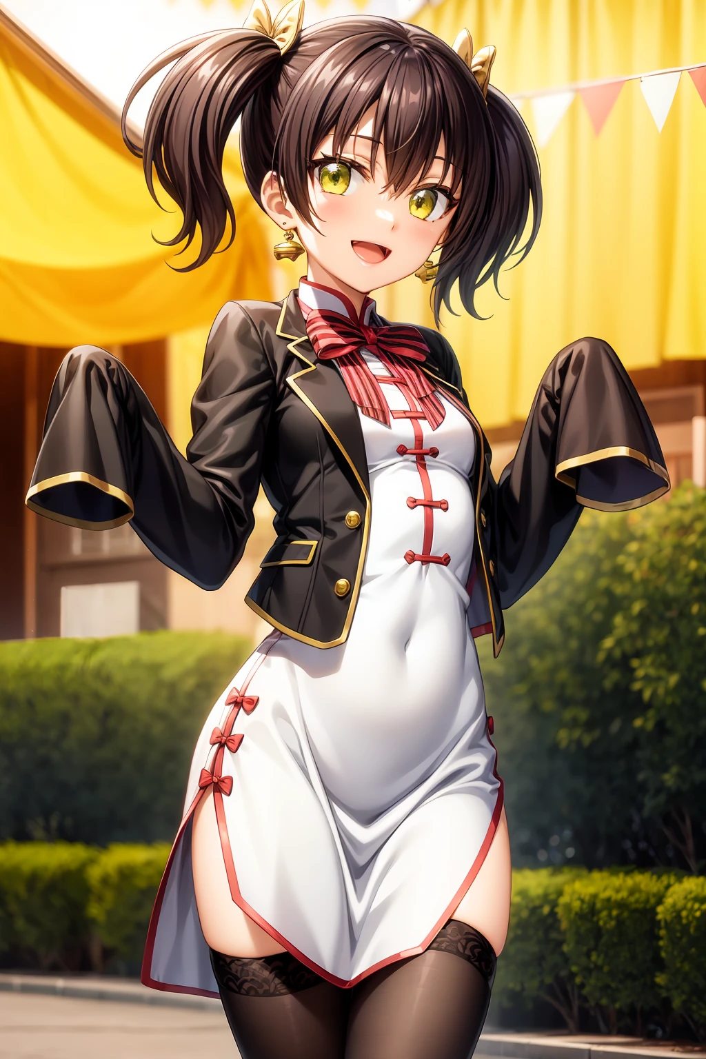 looking at viewer, smile, best quality, 1girl, solo, looking at viewer, blush, smile, open mouth, bangs, black hair, thighhighs, long sleeves, dress, bow, hair between eyes, twintails, jewelry, jacket, yellow eyes, :d, hair bow, earrings, open clothes, striped, black thighhighs, wide sleeves, bowtie, white dress, red bow, open jacket, black jacket, sleeves past wrists, chinese clothes, outdoor background, china dress, pelvic curtain, sleeves past fingers, striped bow, kochou_wang, (RAW photo, best quality), masterpiece, an extremely delicate and beautiful, extremely detailed, 2k wallpaper, Amazing, finely detail, extremely detailed CG unity 8k wallpaper, ultra-detailed, highres, soft light, beautiful detailed girl, extremely detailed eyes and face, beautiful detailed nose, beautiful detailed eyes, cinematic lighting, perfect anatomy, beautiful body, light smile